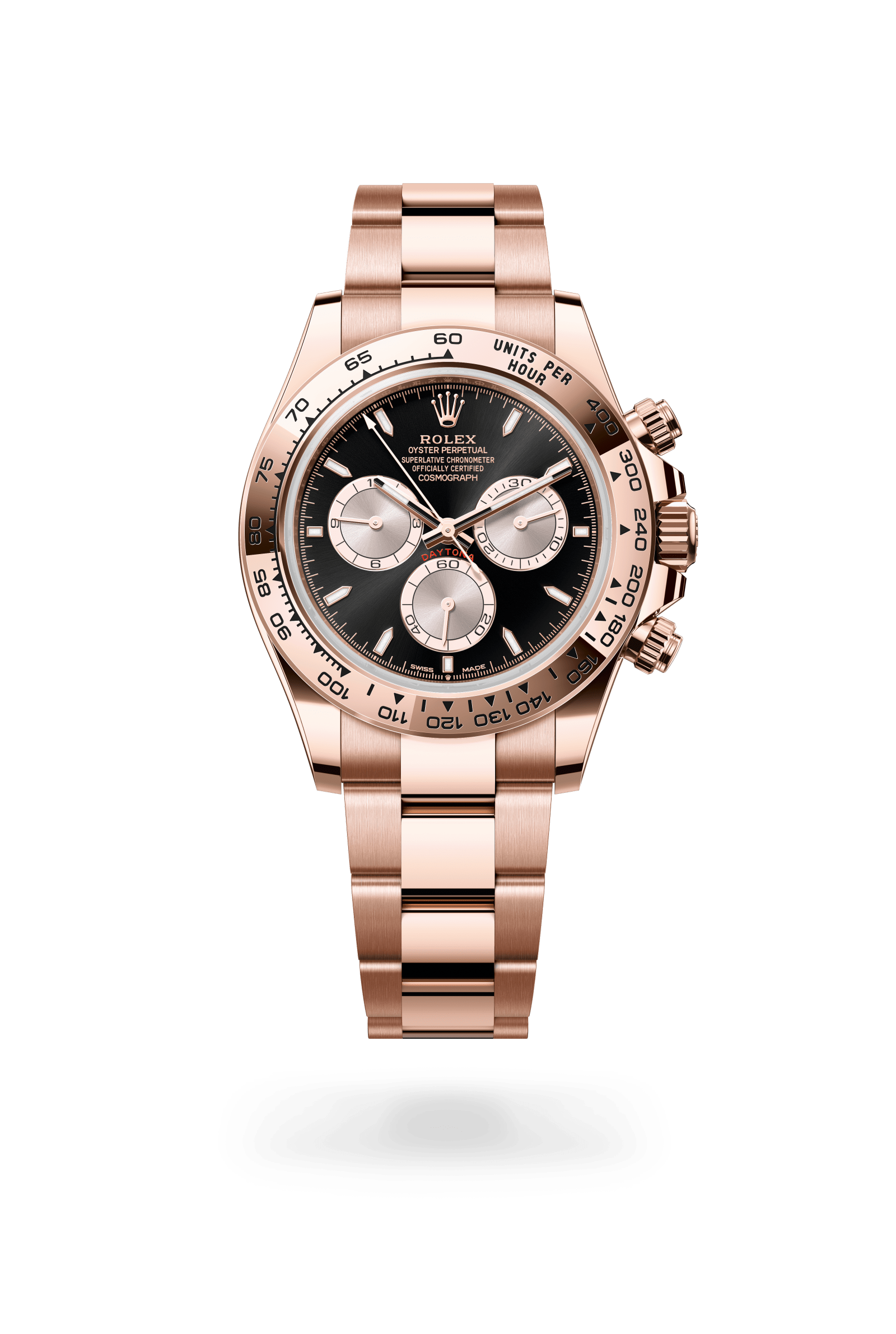Cosmograph Daytona, Oyster, 40 mm, Everose-goud, Wijzerplaat : Helderzwart en Sundust, Rolex