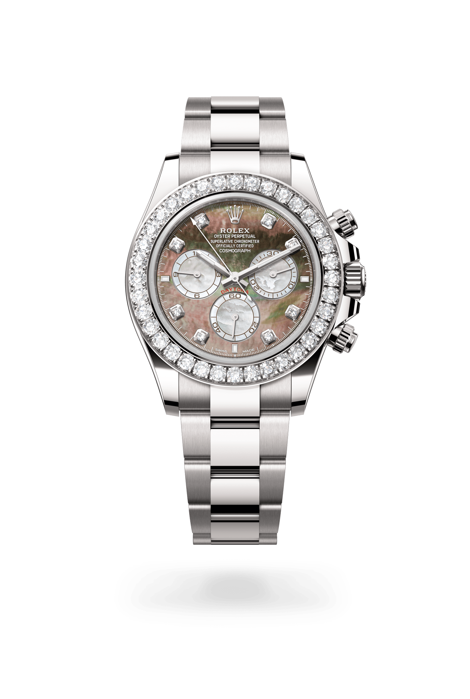 Cosmograph Daytona, Oyster, 40 mm, witgoud en diamanten, Wijzerplaat : Zwart en wit parelmoer bezet met diamanten, Rolex