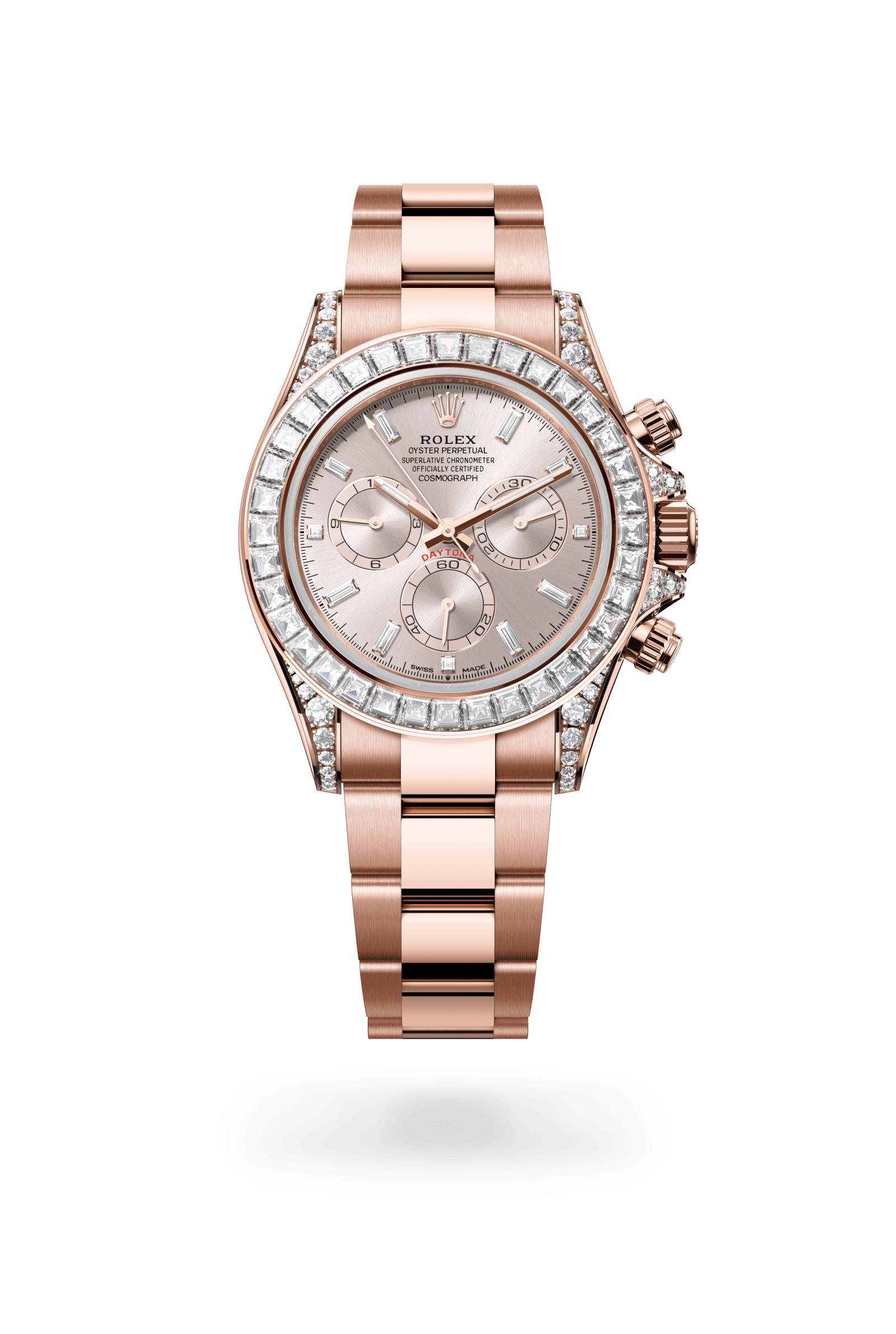 Cosmograph Daytona, Oyster, 40 mm, Everose-goud en diamanten, Wijzerplaat : Sundust bezet met diamanten, Rolex