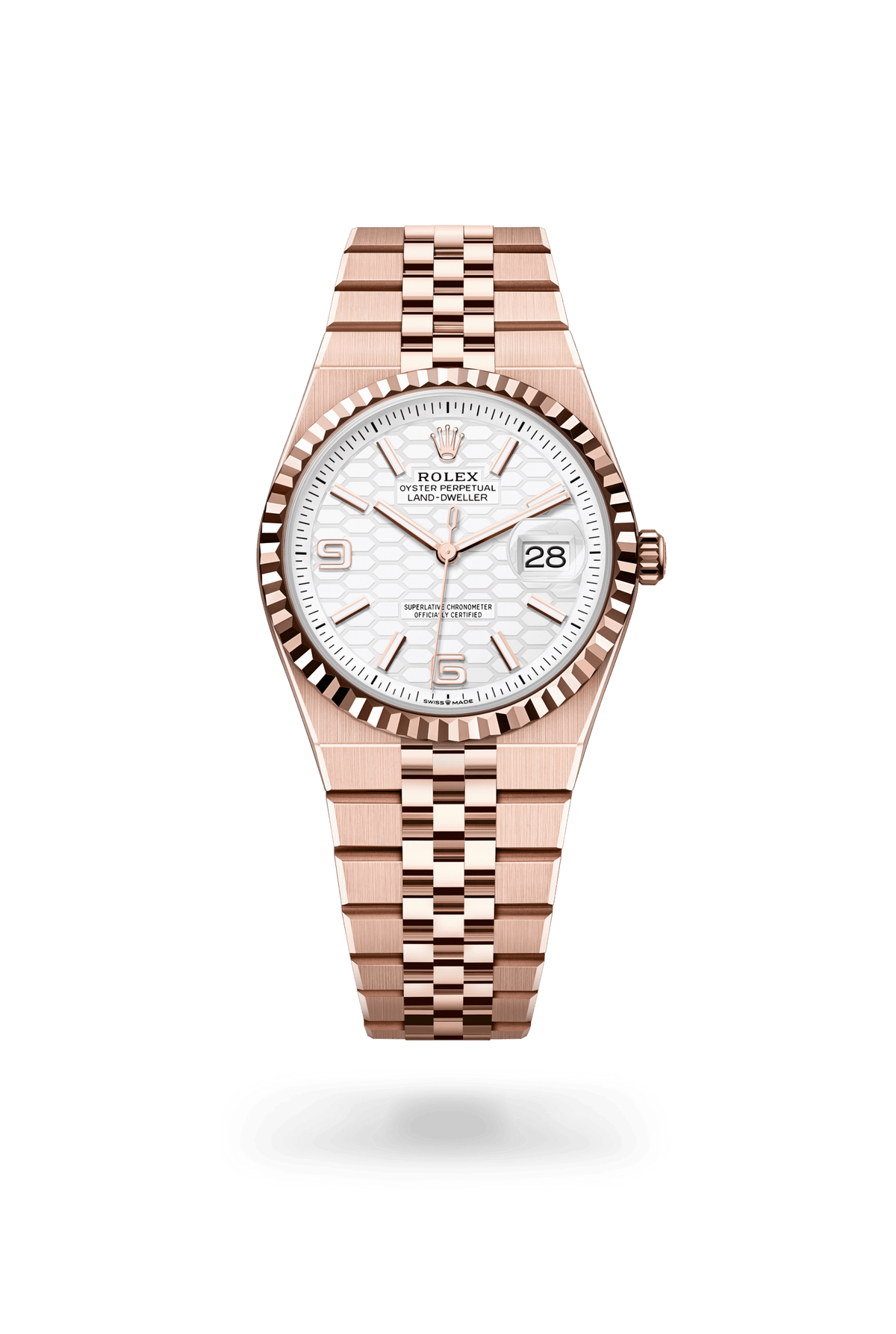 Land-Dweller 36, Oyster, 36 mm, Everose-goud, Wijzerplaat : Hagelwit, honingraatmotief, Rolex