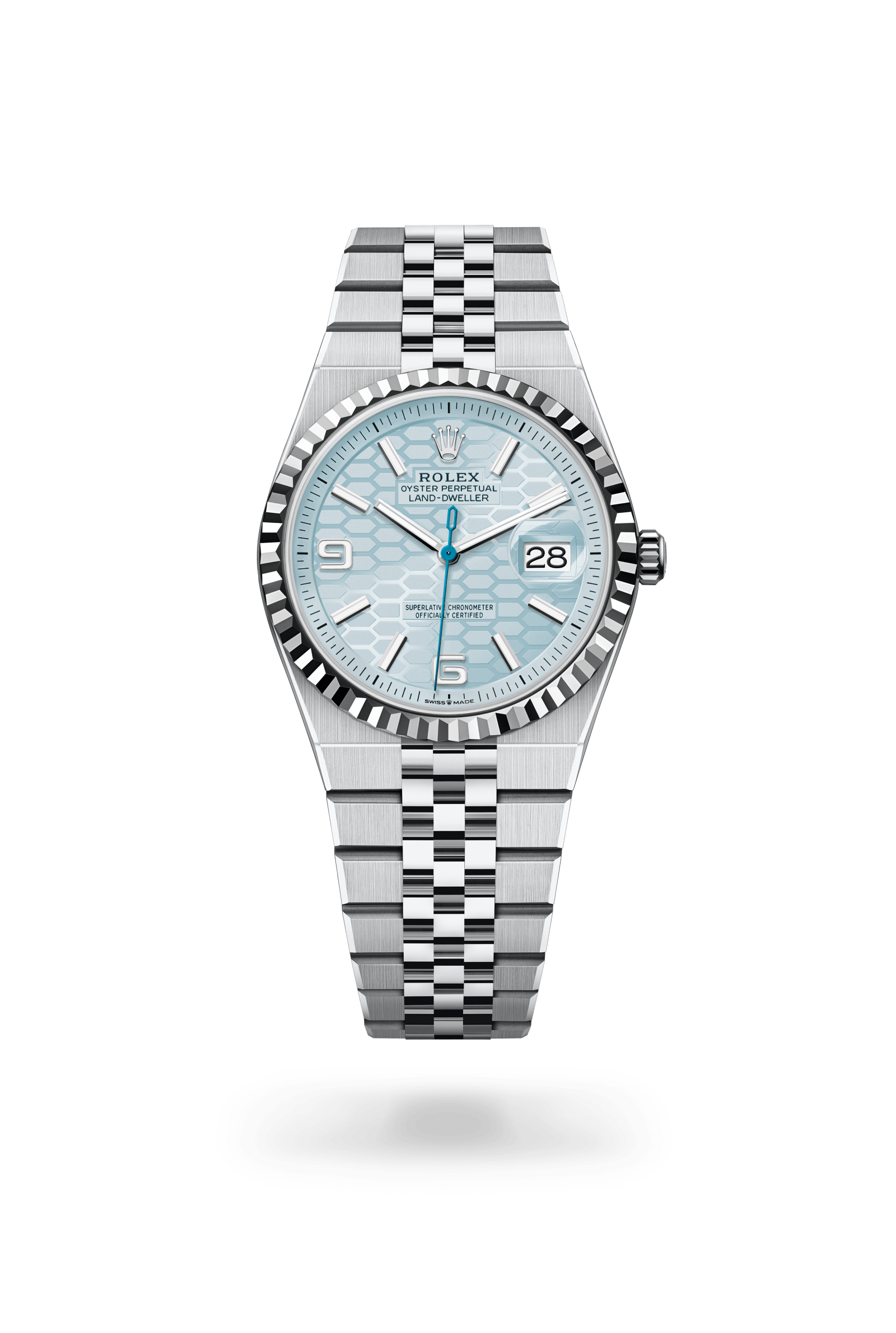 Land-Dweller 36, Oyster, 36 mm, platina, Wijzerplaat : IJsblauw, honingraatmotief, Rolex