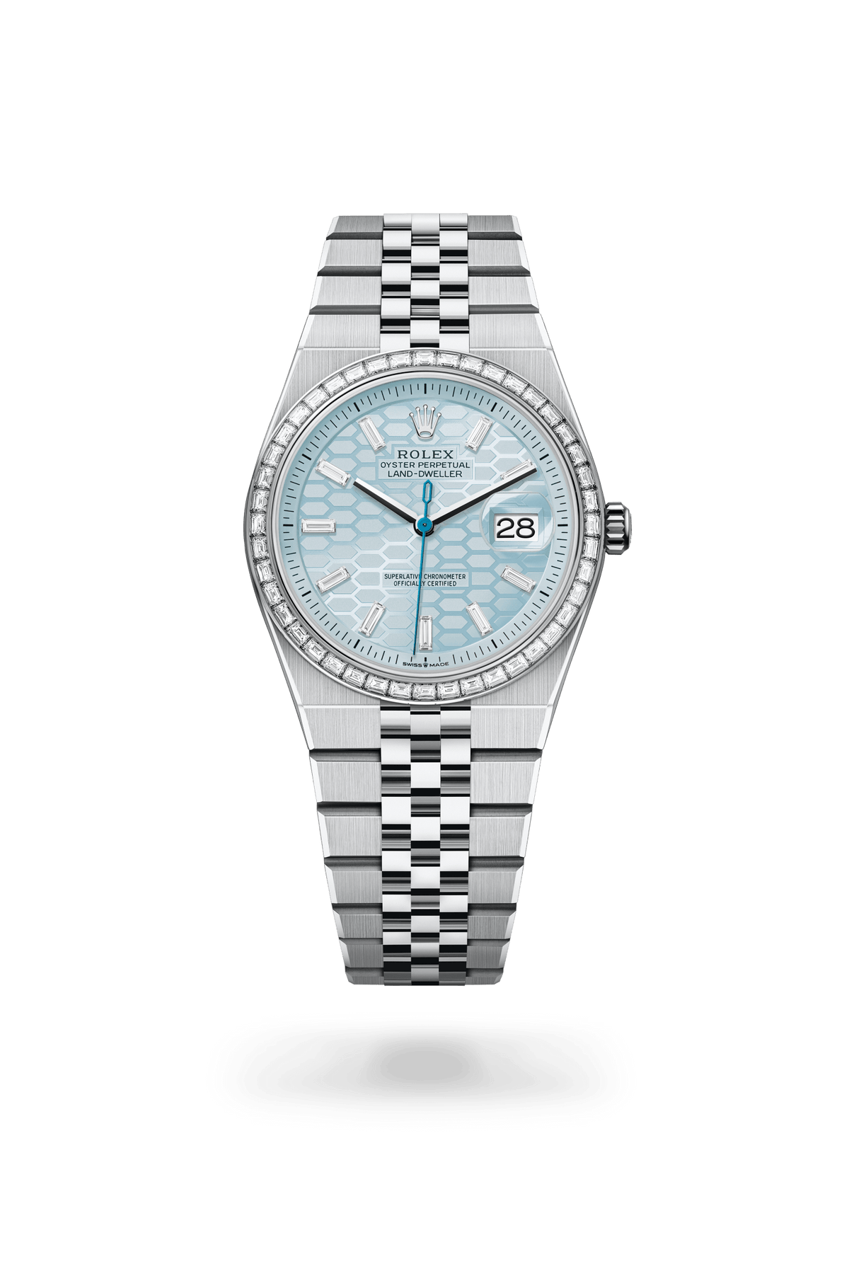 Land-Dweller 36, Oyster, 36 mm, platina en diamanten, Wijzerplaat : IJsblauw, honingraatmotief bezet met diamanten, Rolex