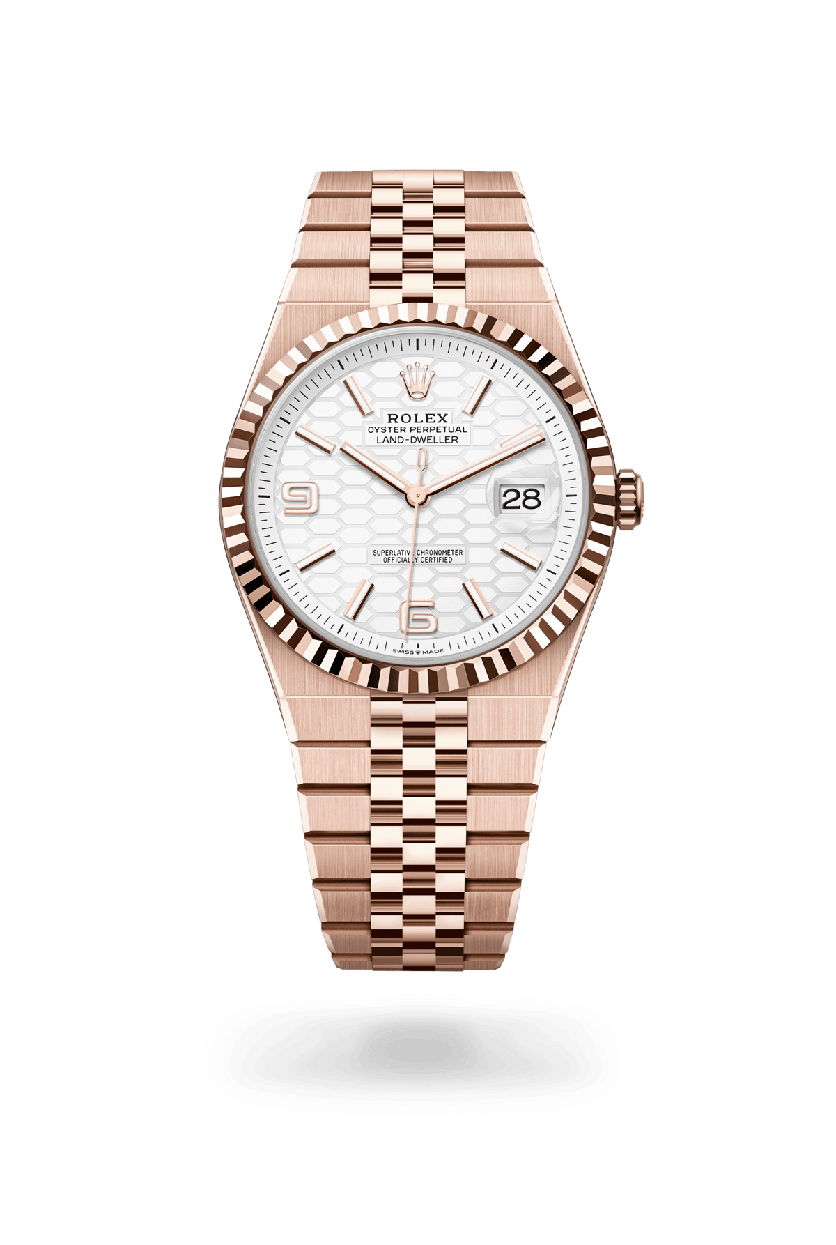 Land-Dweller 40, Oyster, 40 mm, Everose-goud, Wijzerplaat : Hagelwit, honingraatmotief, Rolex