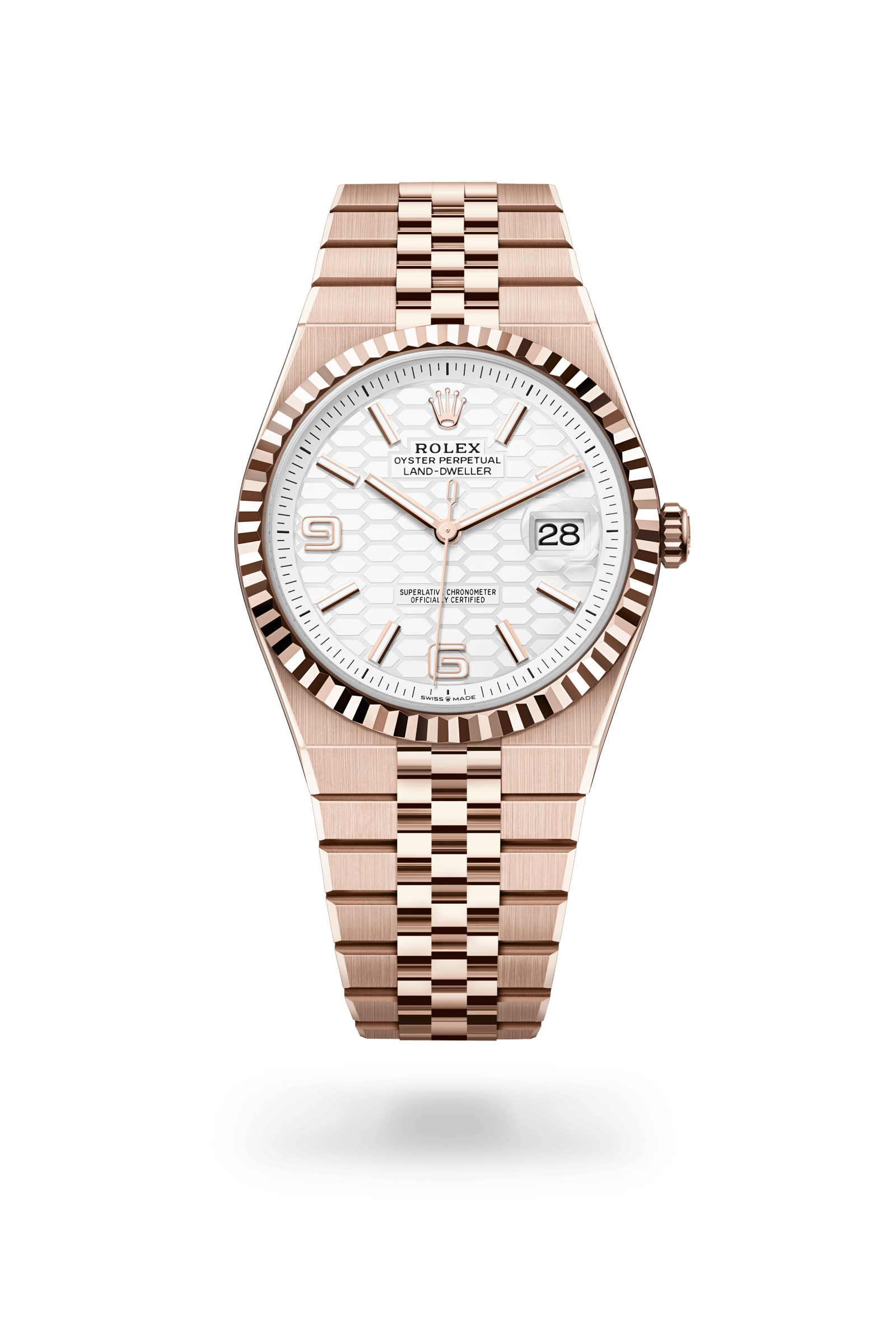 Land-Dweller 40, Oyster, 40 mm, Everose-goud, Wijzerplaat : Hagelwit, honingraatmotief, Rolex