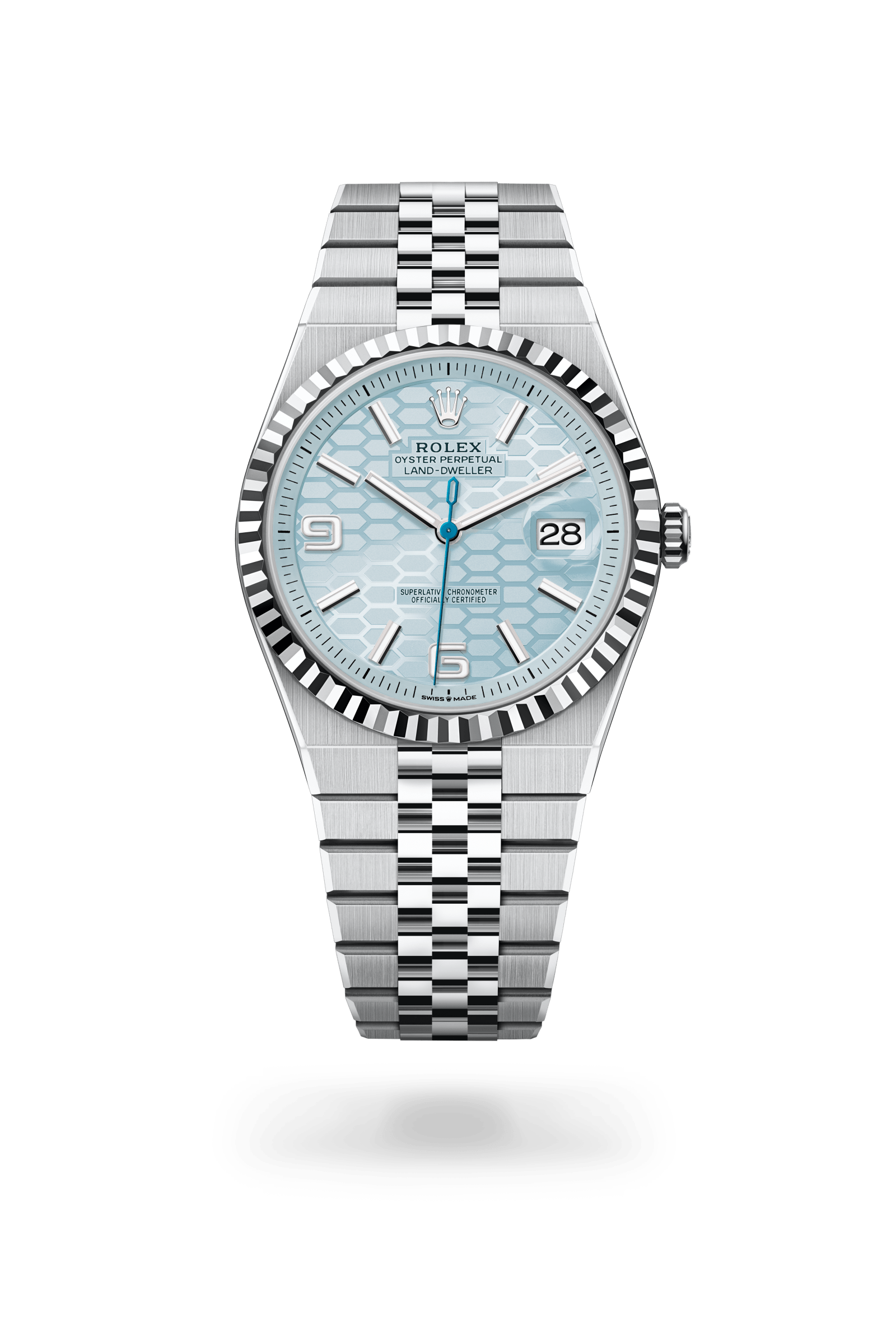 Land-Dweller 40, Oyster, 40 mm, platina, Wijzerplaat : IJsblauw, honingraatmotief, Rolex