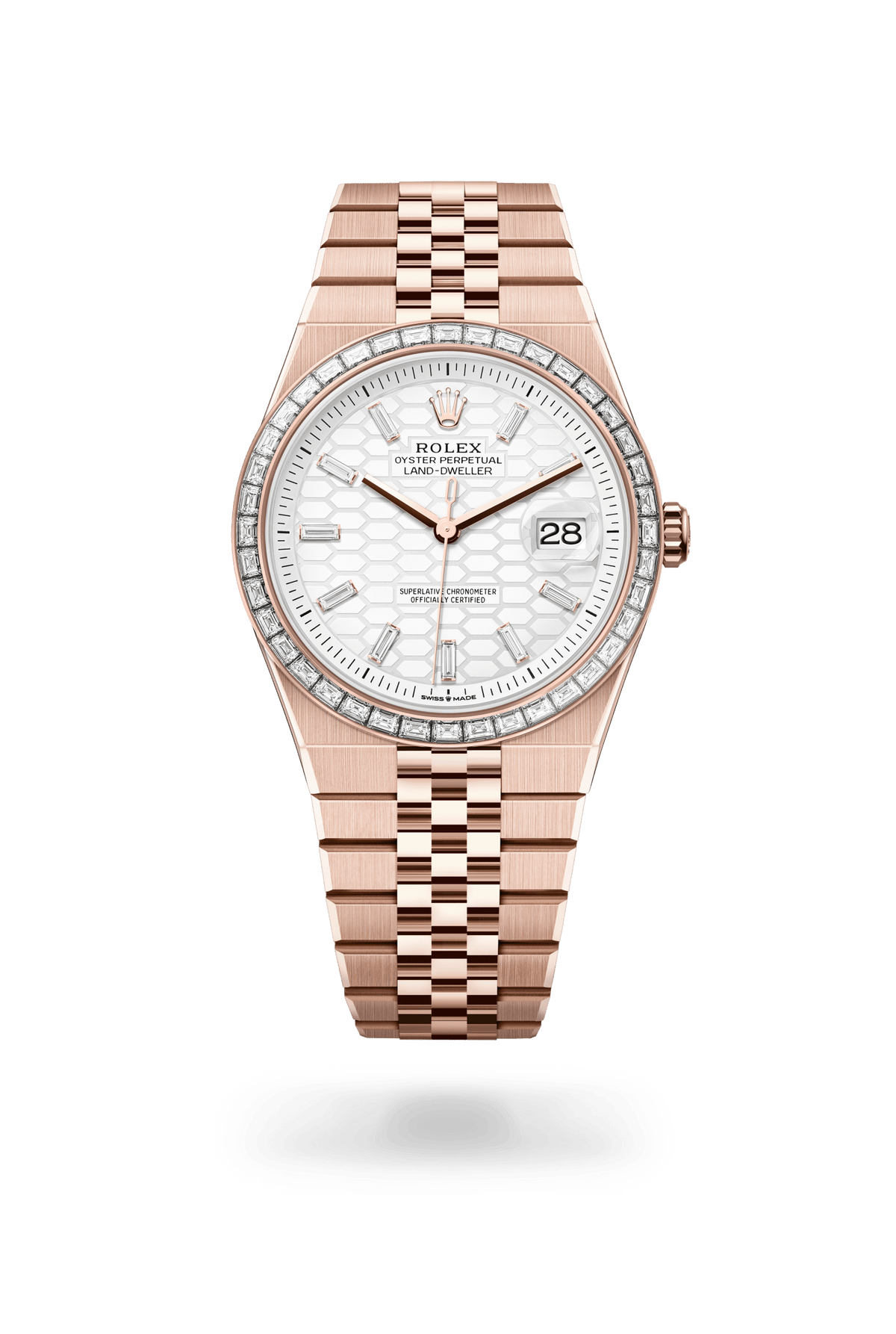 Land-Dweller 40, Oyster, 40 mm, Everose-goud en diamanten, Wijzerplaat : Hagelwit, honingraatmotief bezet met diamanten, Rolex