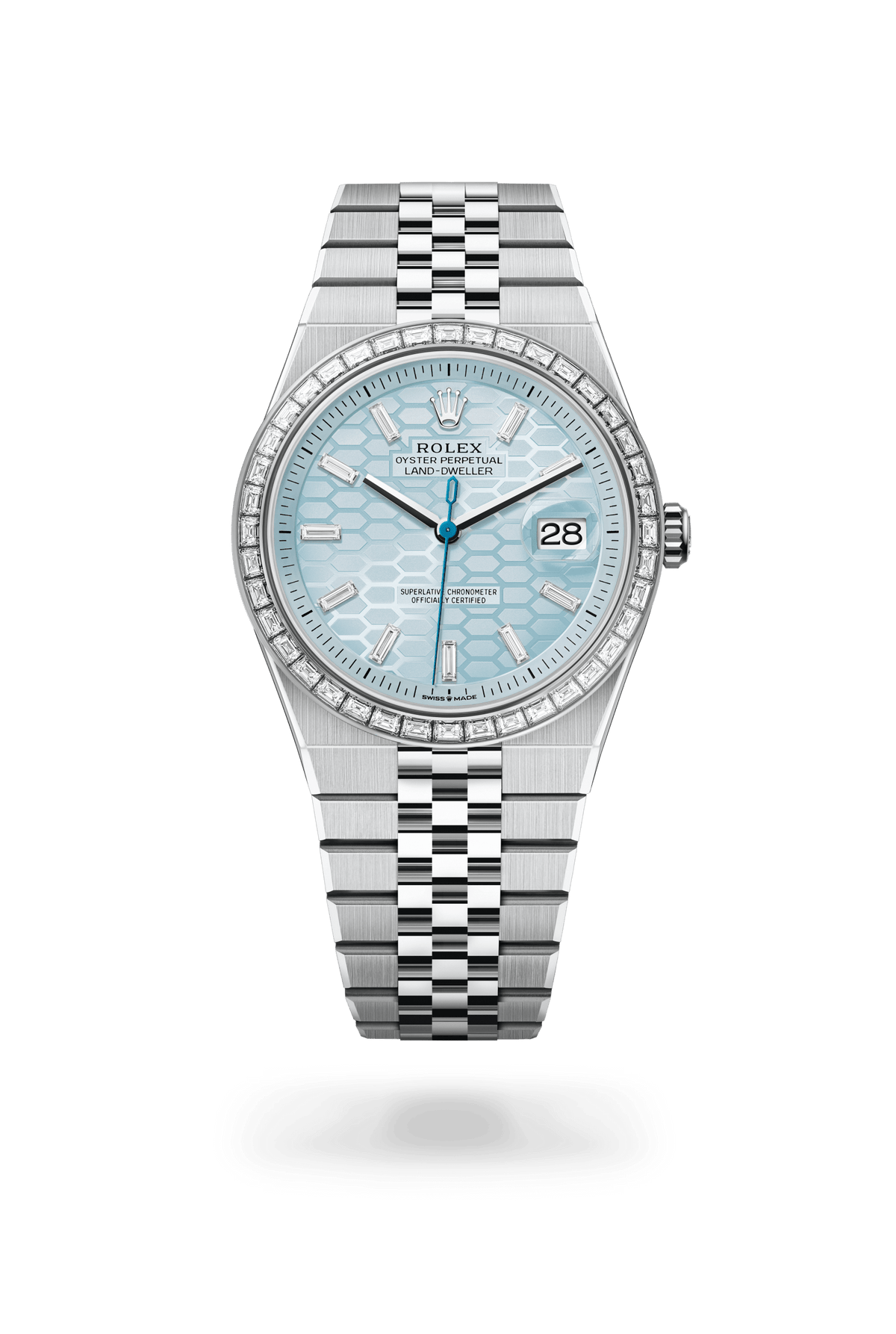 Land-Dweller 40, Oyster, 40 mm, platina en diamanten, Wijzerplaat : IJsblauw, honingraatmotief bezet met diamanten, Rolex