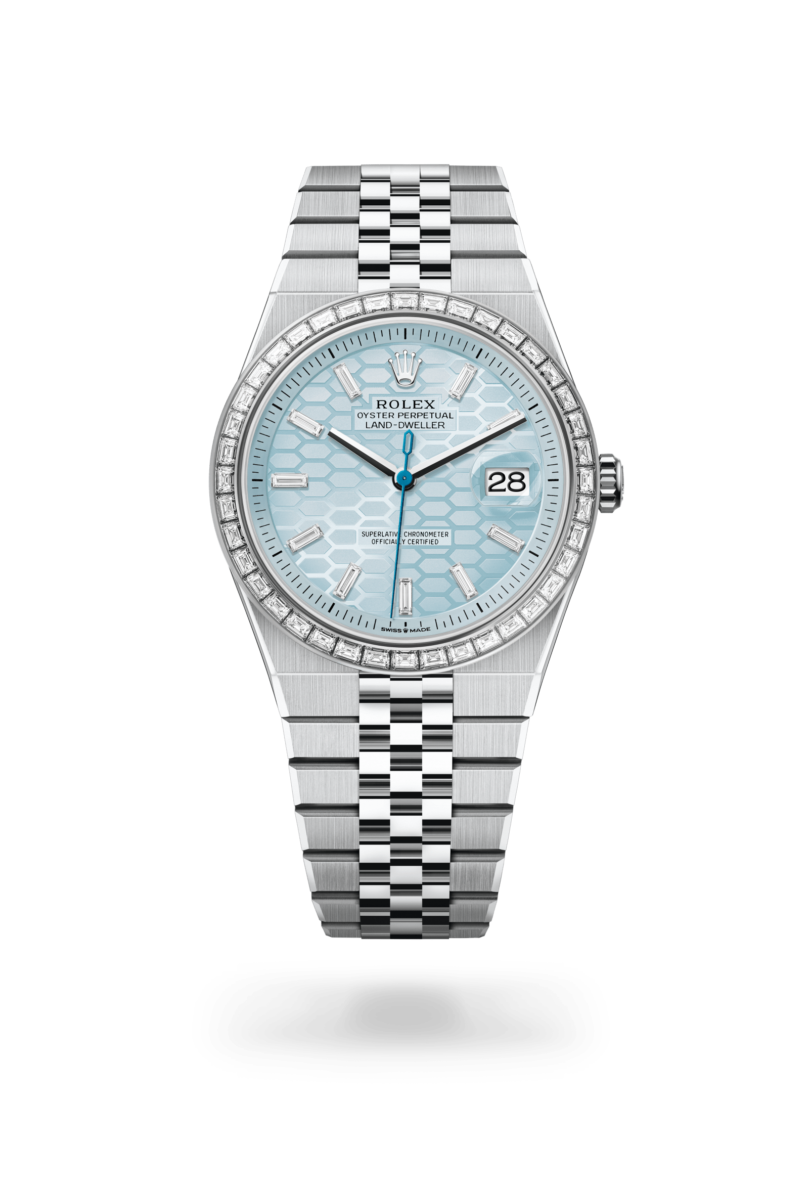 Land-Dweller 40, Oyster, 40 mm, platina en diamanten, Wijzerplaat : IJsblauw, honingraatmotief bezet met diamanten, Rolex