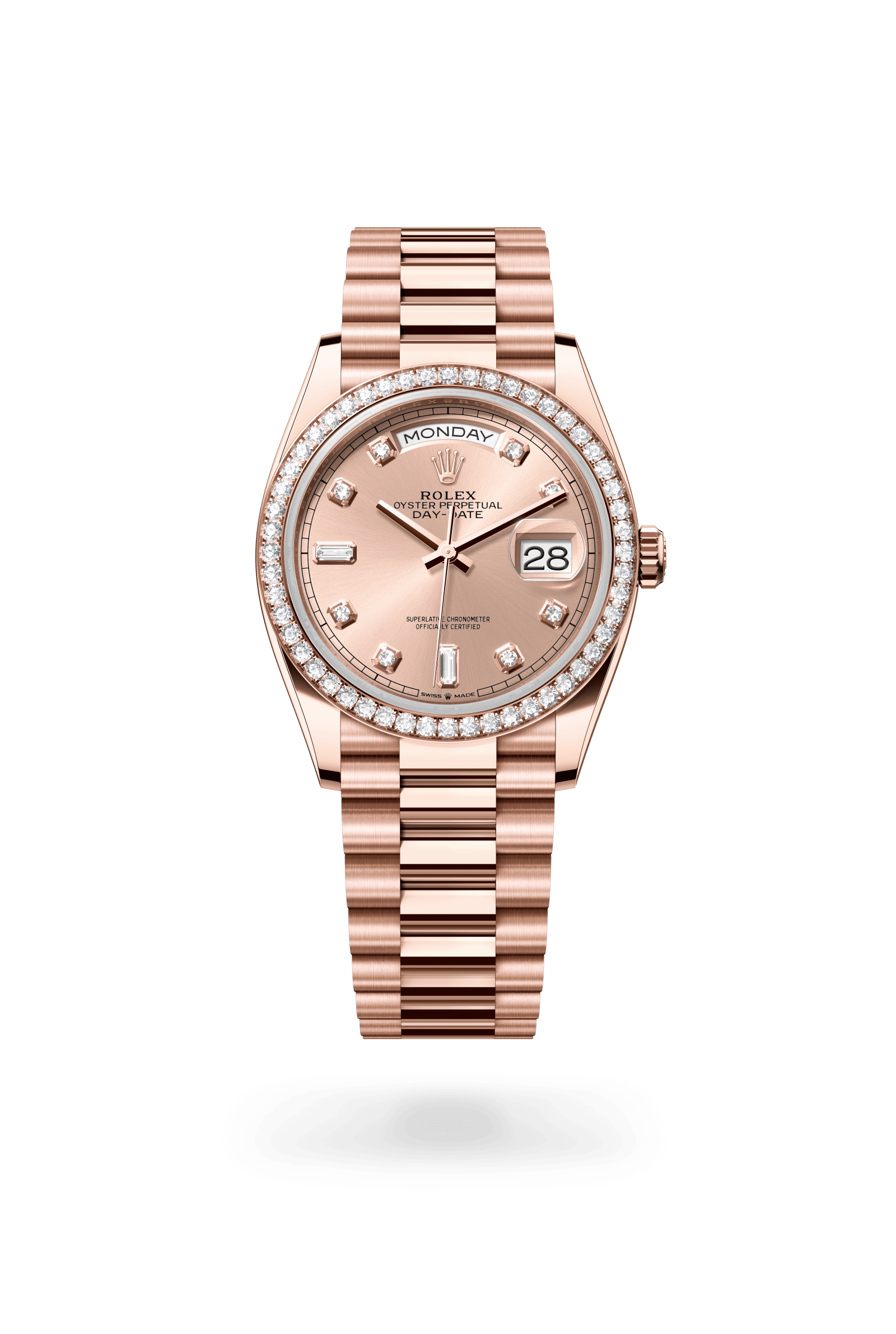 Day-Date 36, Oyster, 36 mm, Everose-goud en diamanten, Wijzerplaat : Rosékleurig bezet met diamanten, Rolex