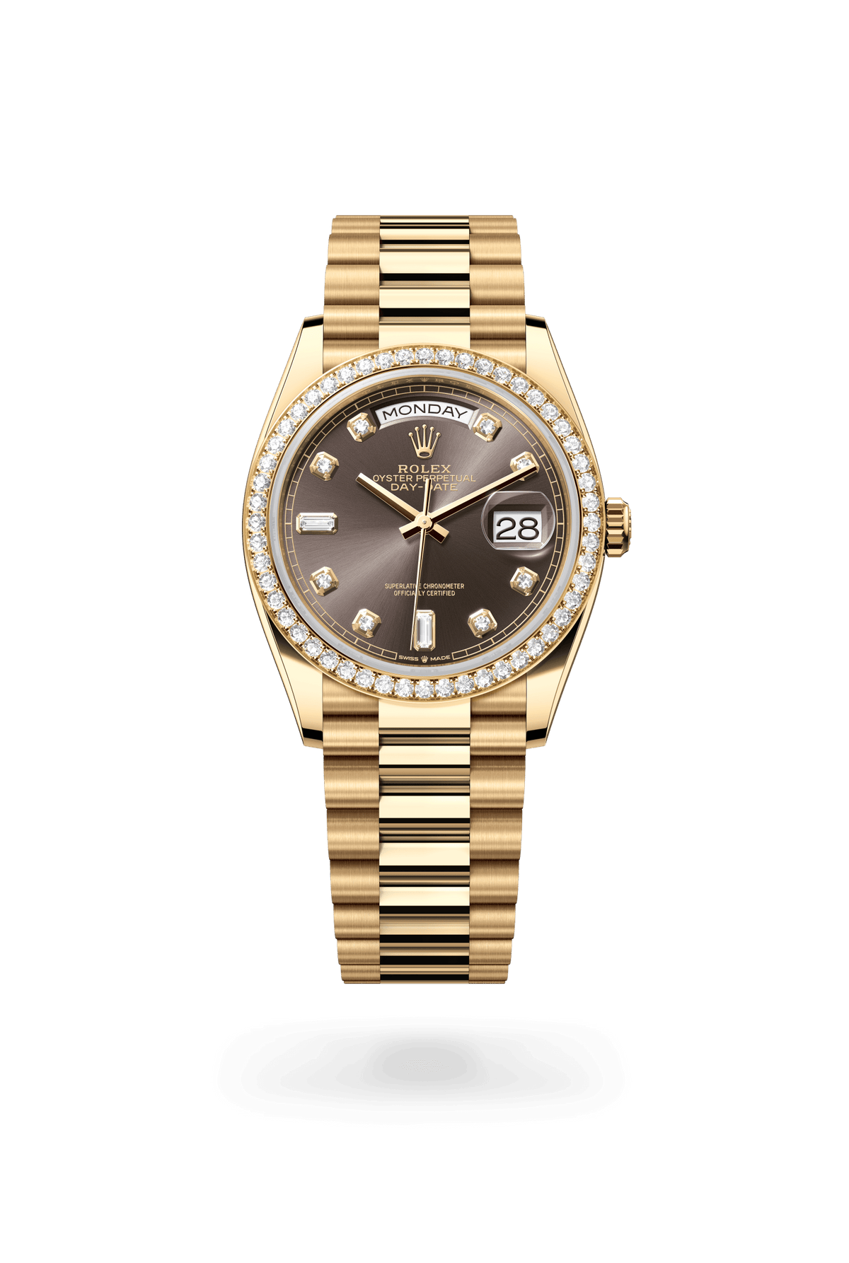 Day-Date 36, Oyster, 36 mm, geelgoud en diamanten, Wijzerplaat : Donkergrijs bezet met diamanten, Rolex