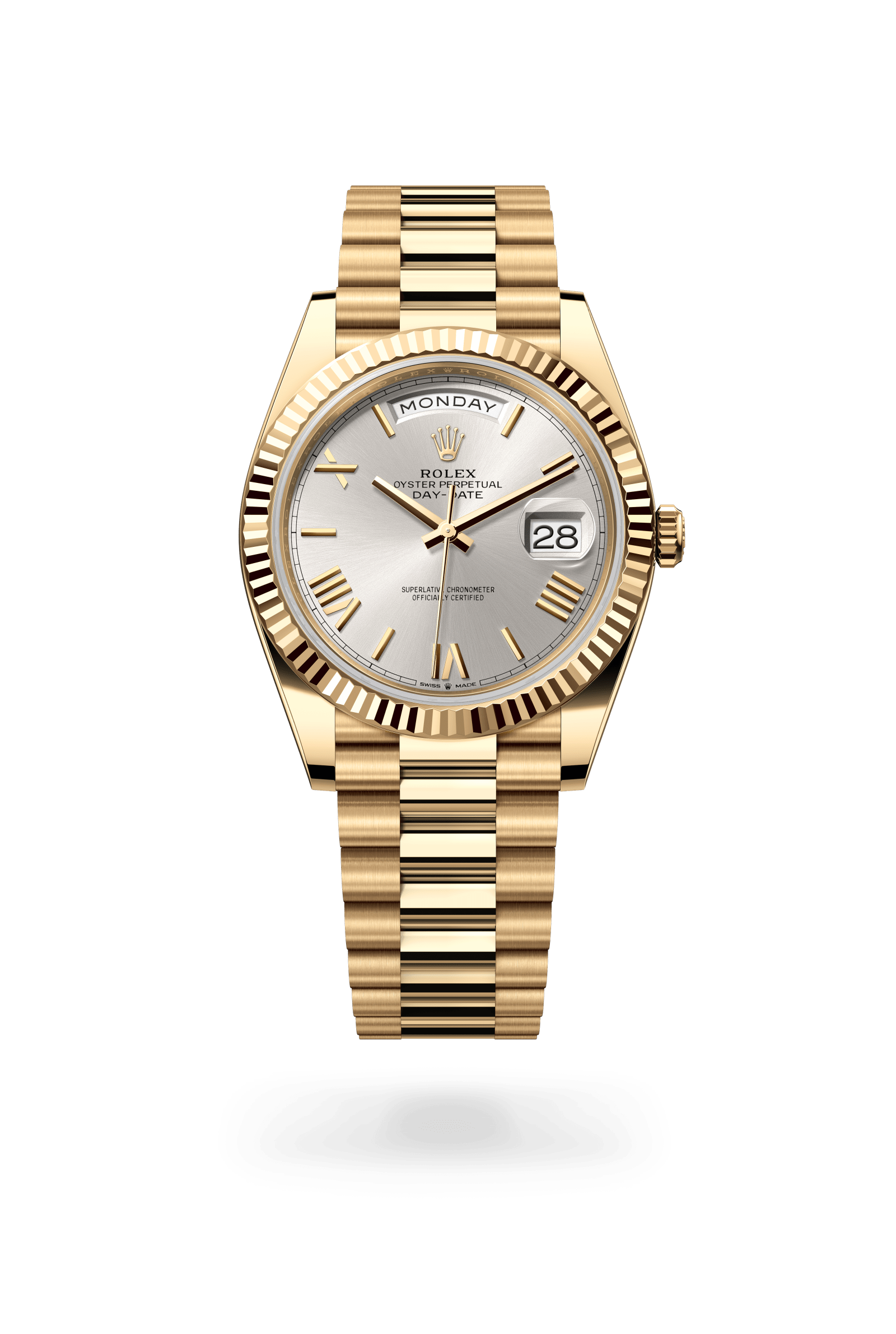 Day-Date 40, Oyster, 40 mm, geelgoud, Wijzerplaat : Zilverkleurig, Rolex