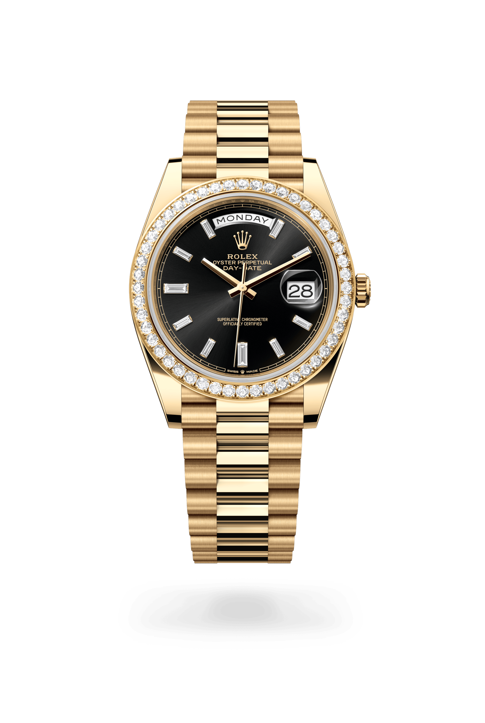 Day-Date 40, Oyster, 40 mm, geelgoud en diamanten, Wijzerplaat : Helderzwart, bezet met diamanten, Rolex