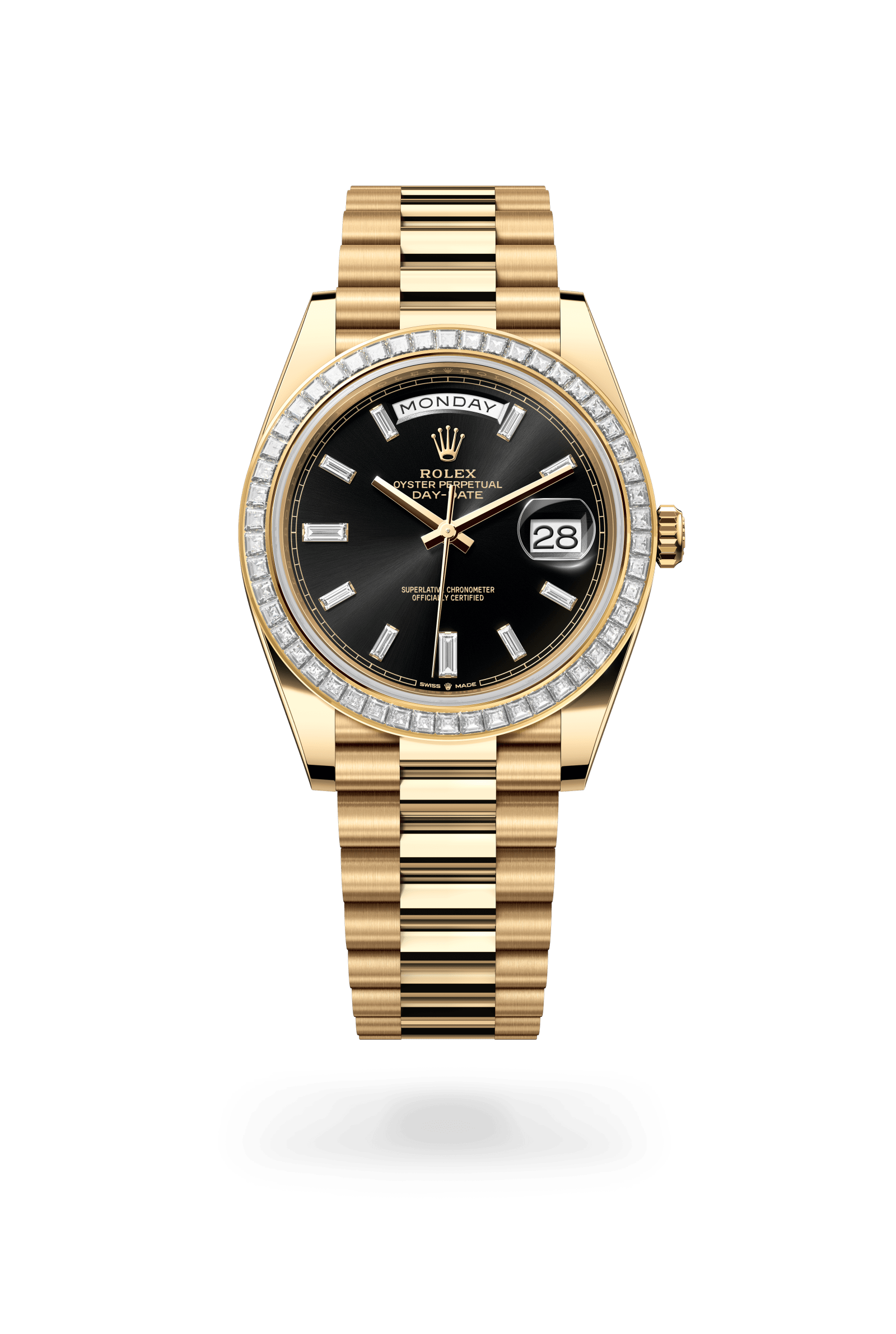 Day-Date 40, Oyster, 40 mm, geelgoud en diamanten, Wijzerplaat : Helderzwart, bezet met diamanten, Rolex
