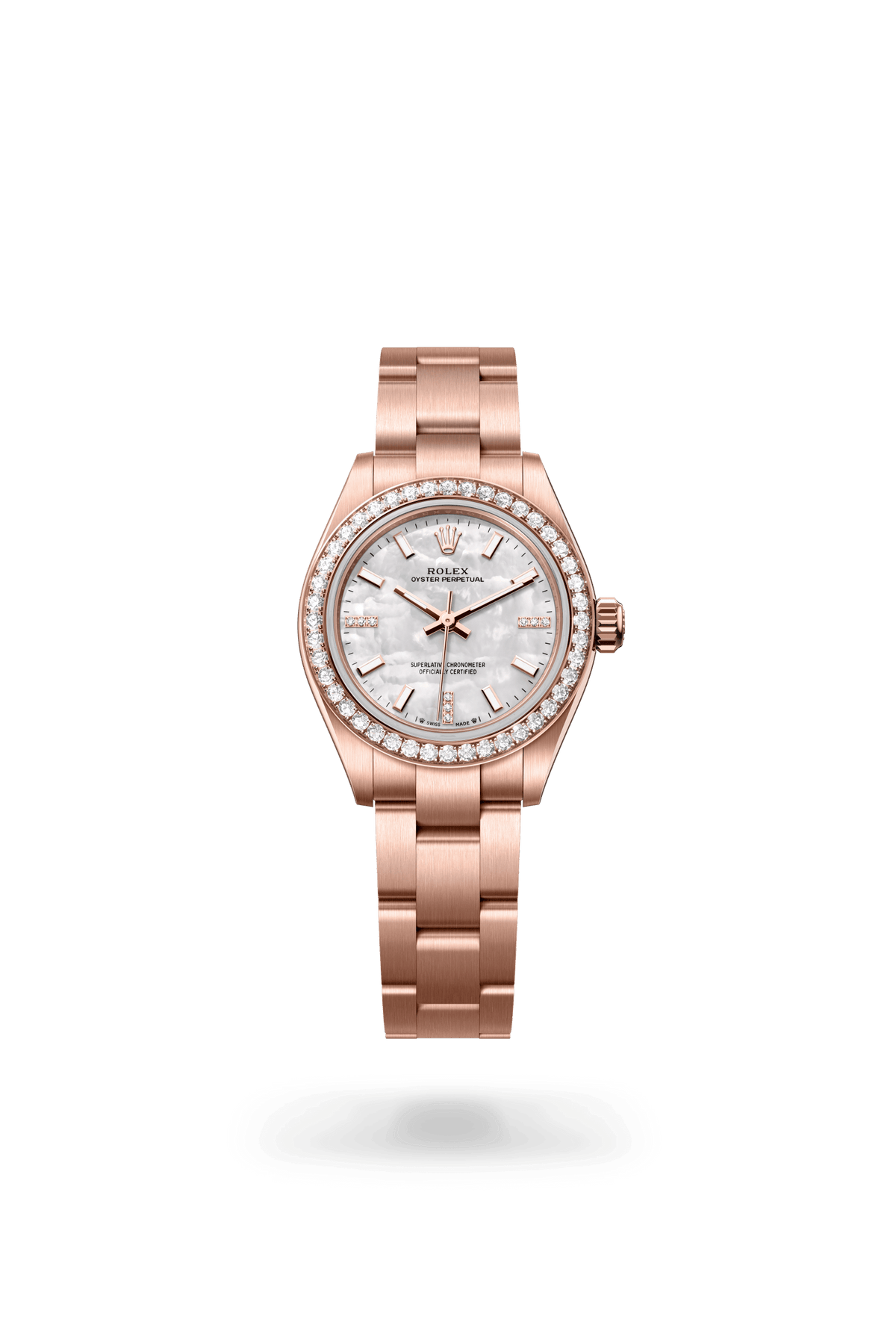 Oyster Perpetual 28, Oyster, 28 mm, Everose-goud en diamanten, Wijzerplaat : Wit parelmoer, bezet met diamanten, Rolex