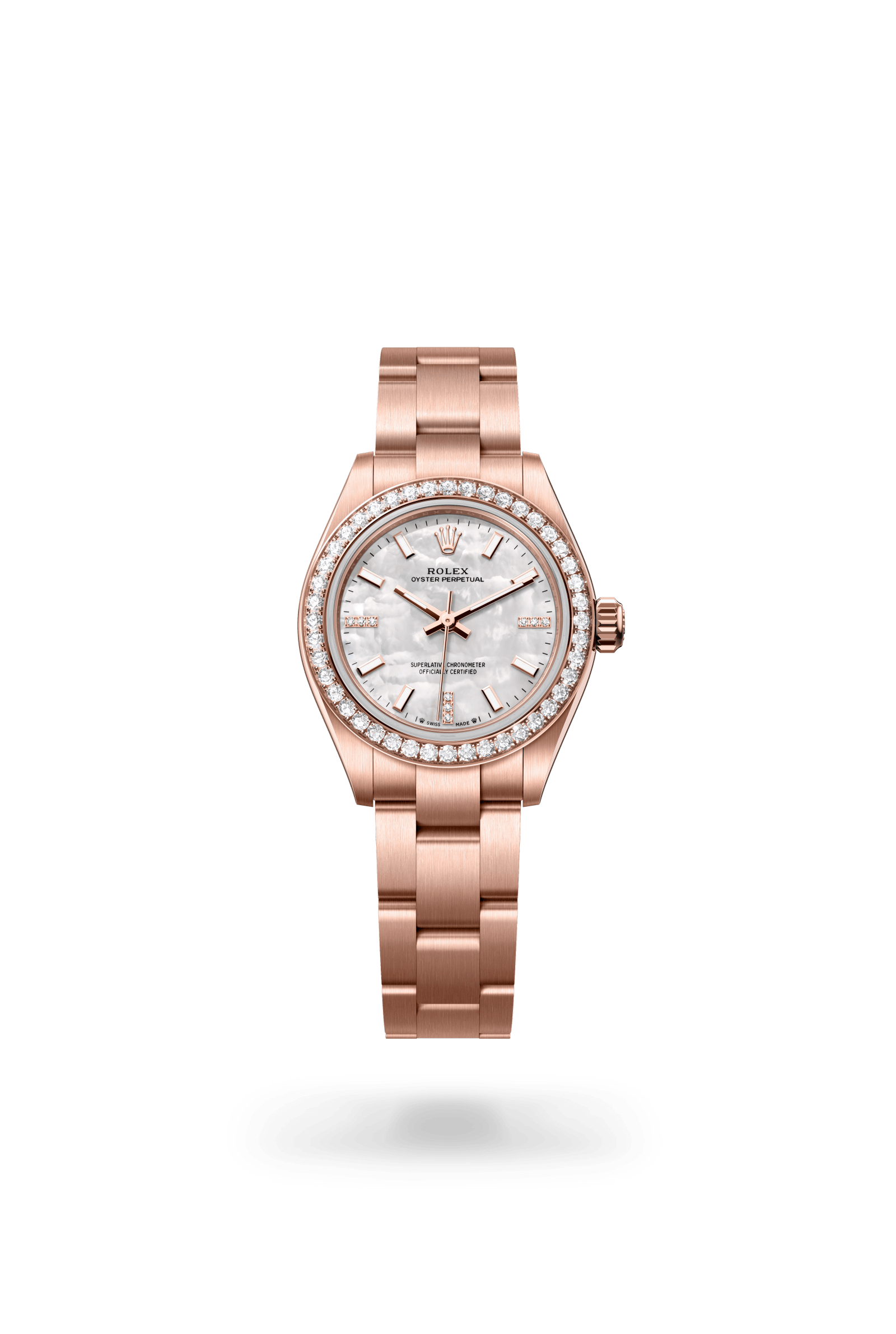 Oyster Perpetual 28, Oyster, 28 mm, Everose-goud en diamanten, Wijzerplaat : Wit parelmoer, bezet met diamanten, Rolex