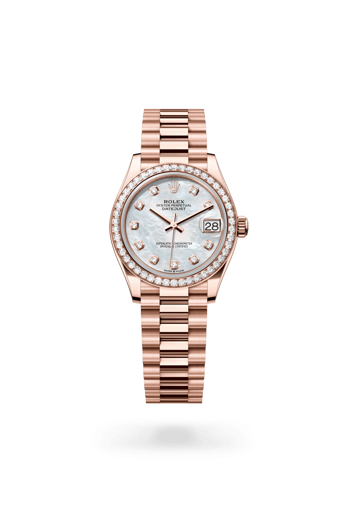 Datejust 31, Oyster, 31 mm, Everose-goud en diamanten, Wijzerplaat : Wit parelmoer, bezet met diamanten, Rolex