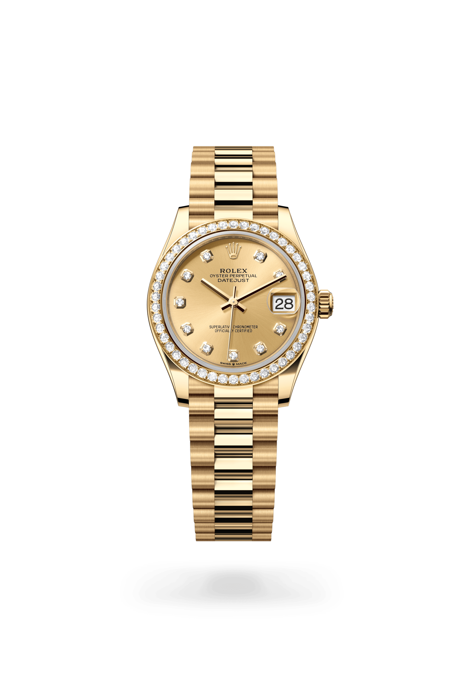 Datejust 31, Oyster, 31 mm, geelgoud en diamanten, Wijzerplaat : Champagnekleurig, bezet met diamanten, Rolex