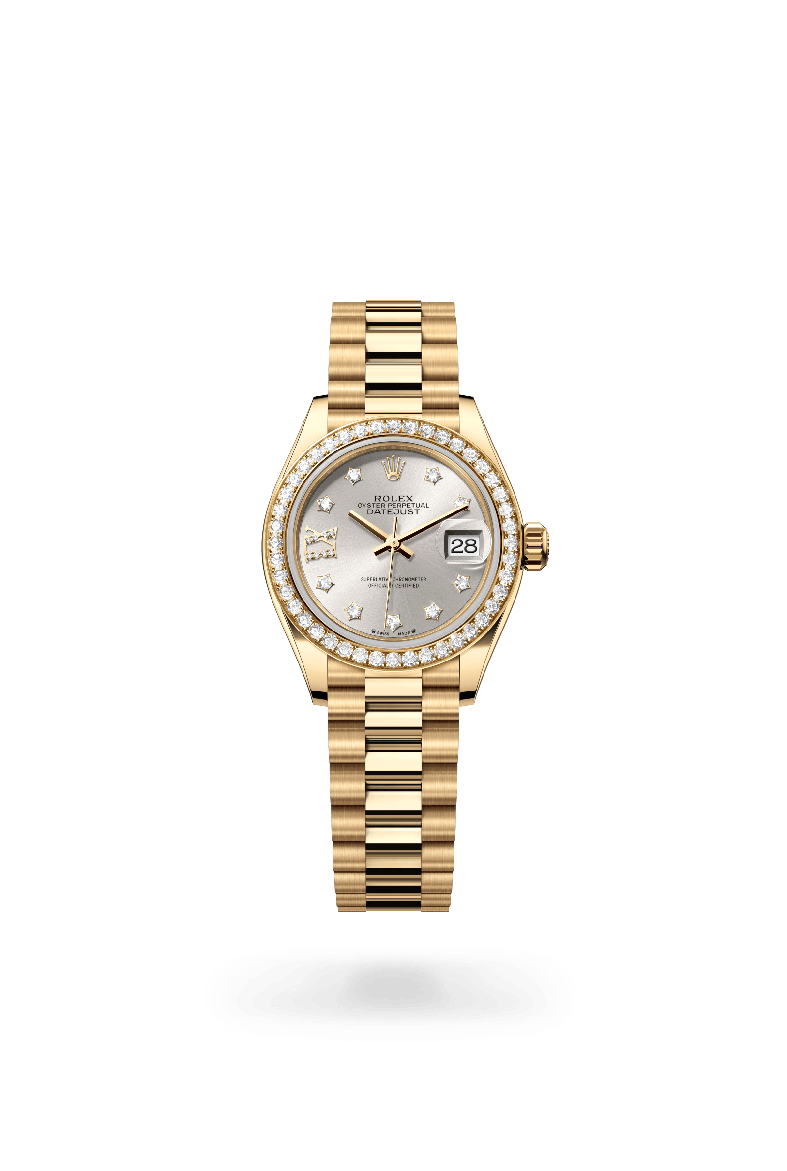 Lady-Datejust, Oyster, 28 mm, geelgoud en diamanten, Wijzerplaat : Zilverkleurig bezet met diamanten, Rolex
