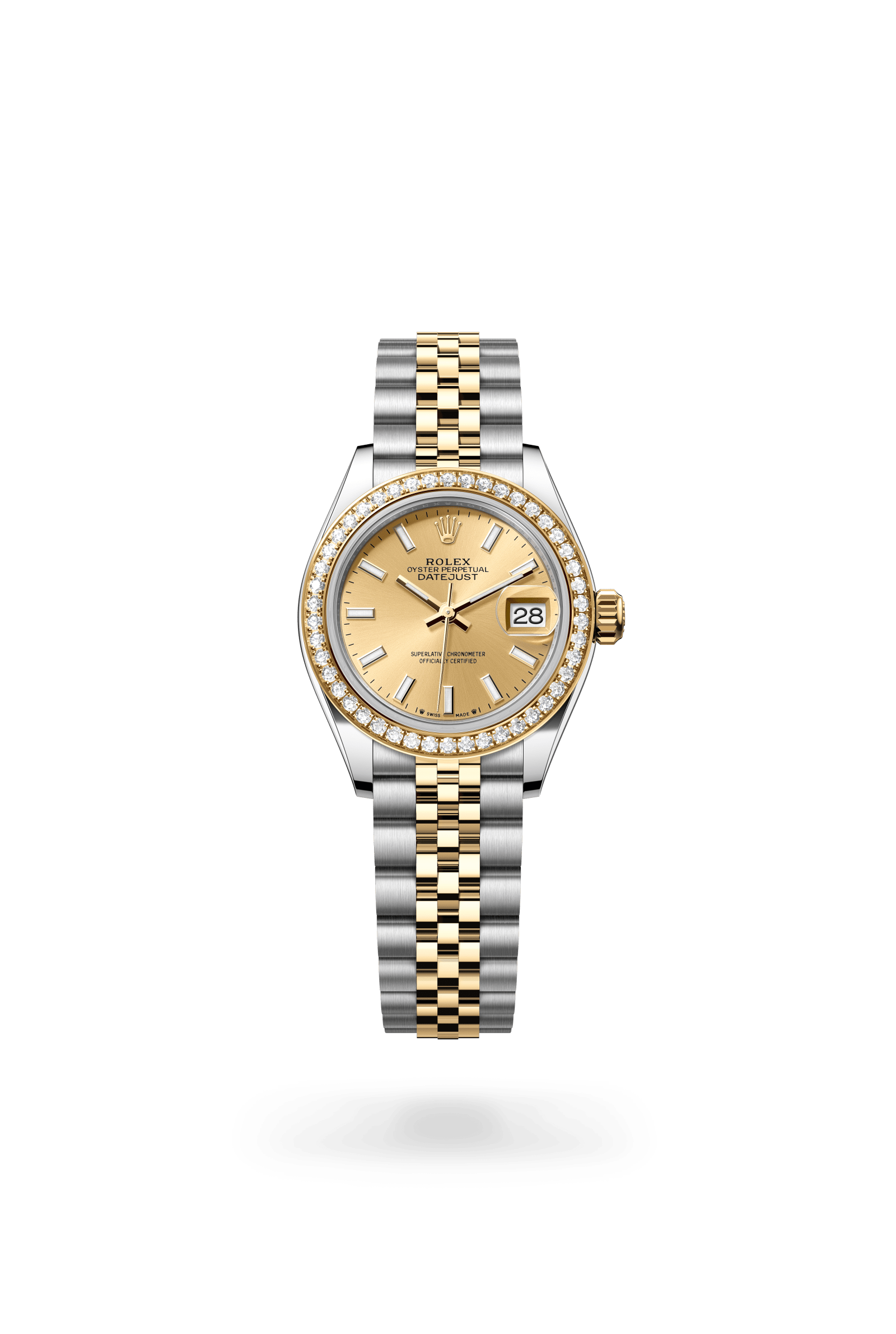 Lady-Datejust, Oyster, 28 mm, Oystersteel, geelgoud en diamanten, Wijzerplaat : Champagnekleurig, Rolex
