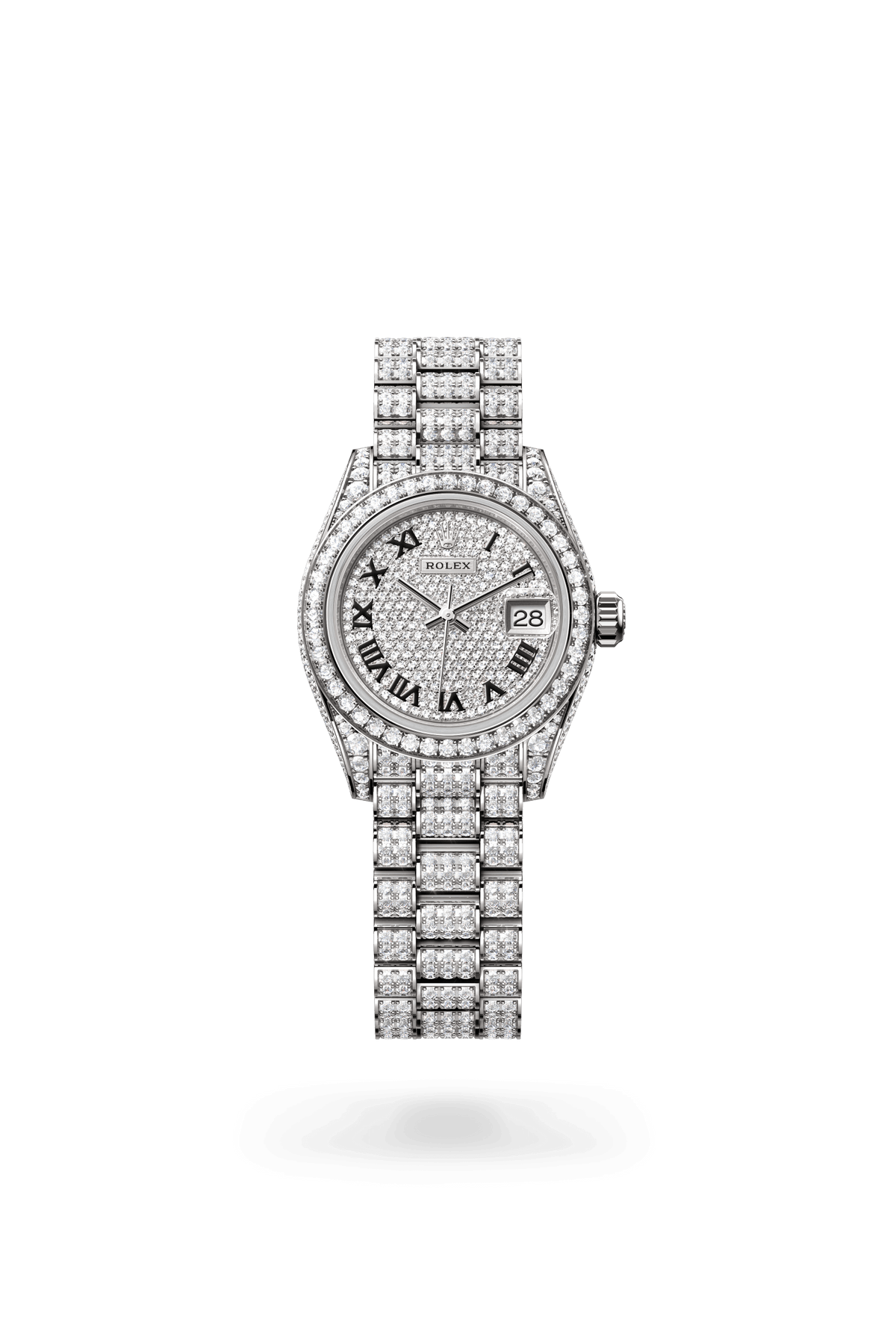 Lady-Datejust, Oyster, 28 mm, witgoud en diamanten, Wijzerplaat : Belegd met diamanten, Rolex