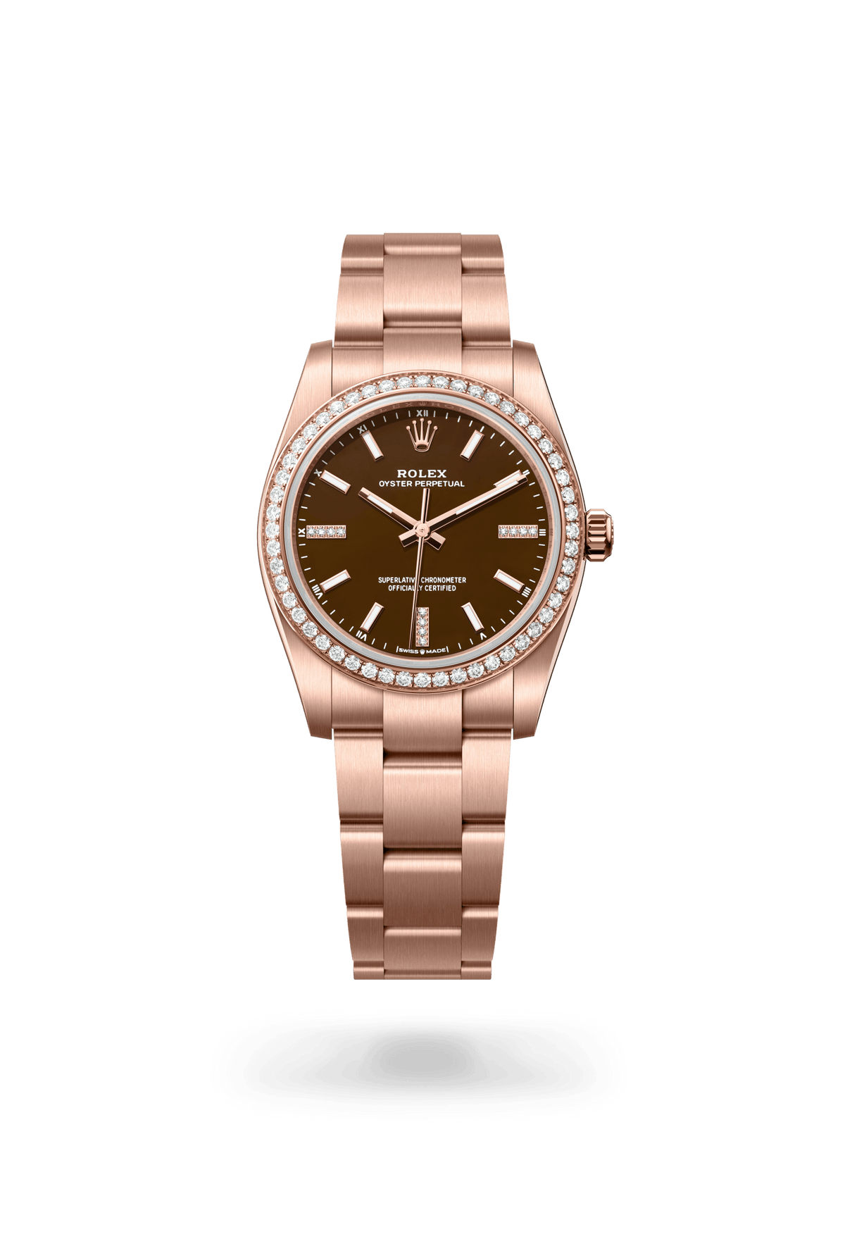 Oyster Perpetual 34, Oyster, 34 mm, Everose-goud en diamanten, Wijzerplaat : Brown stone, bezet met diamanten, Rolex