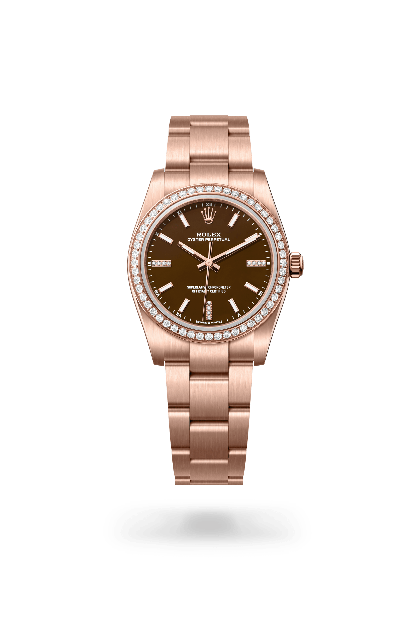 Oyster Perpetual 34, Oyster, 34 mm, Everose-goud en diamanten, Wijzerplaat : Brown stone, bezet met diamanten, Rolex
