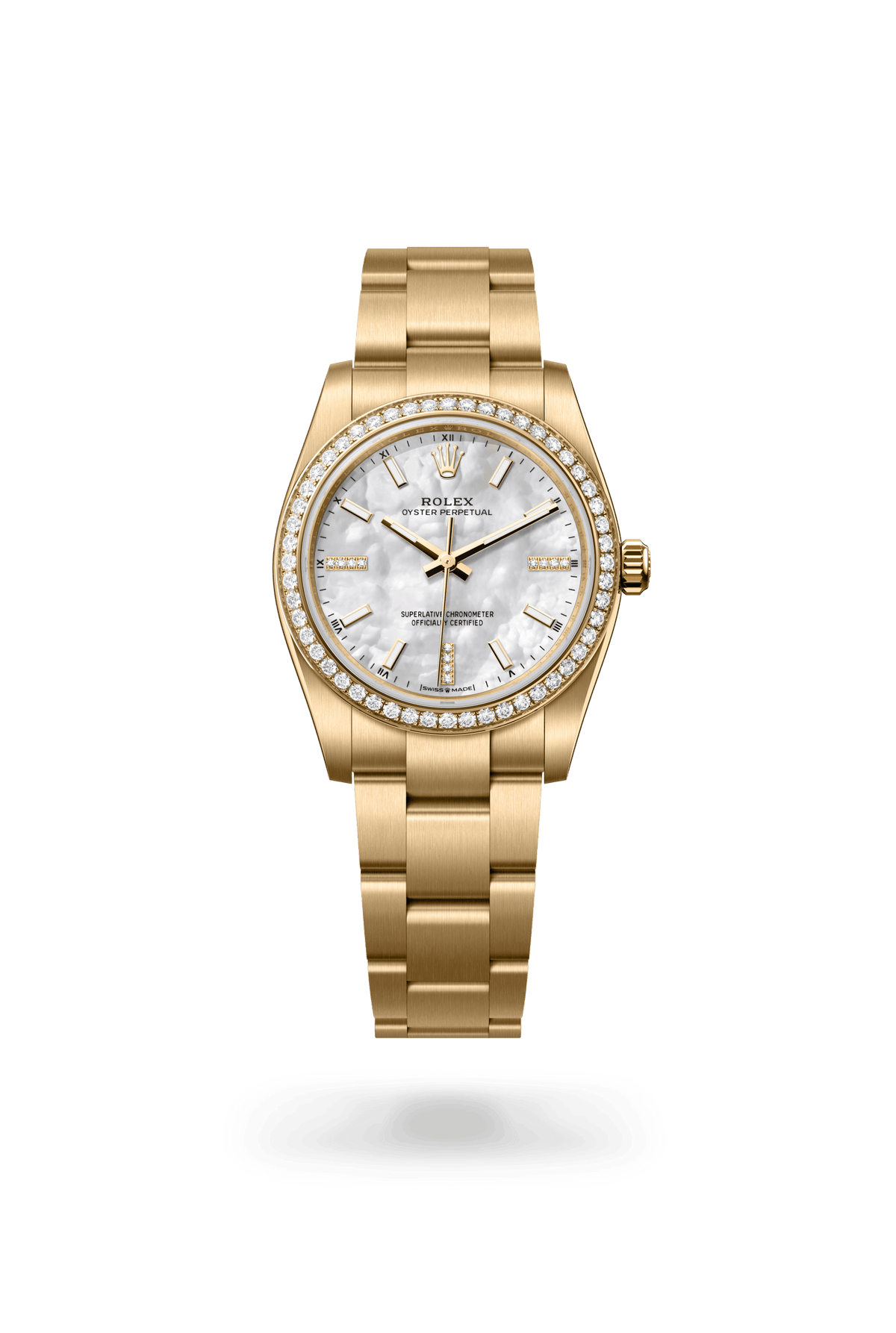 Oyster Perpetual 34, Oyster, 34 mm, geelgoud en diamanten, Wijzerplaat : Wit parelmoer, bezet met diamanten, Rolex