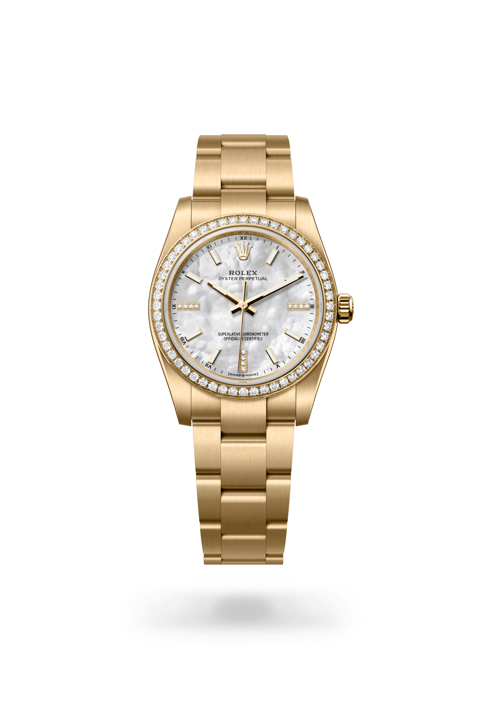 Oyster Perpetual 34, Oyster, 34 mm, geelgoud en diamanten, Wijzerplaat : Wit parelmoer, bezet met diamanten, Rolex