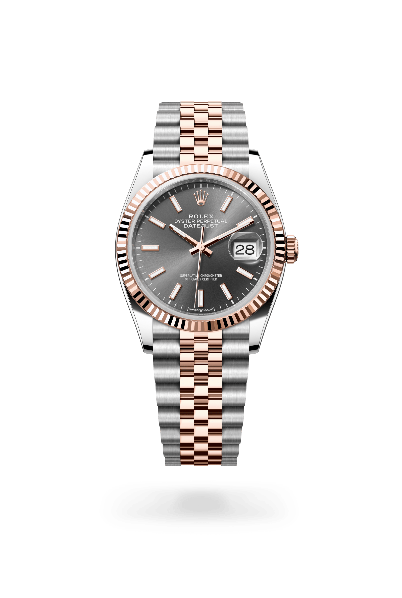 Datejust 36, Oyster, 36 mm, Oystersteel en Everose-goud, Wijzerplaat : Leigrijs, Rolex
