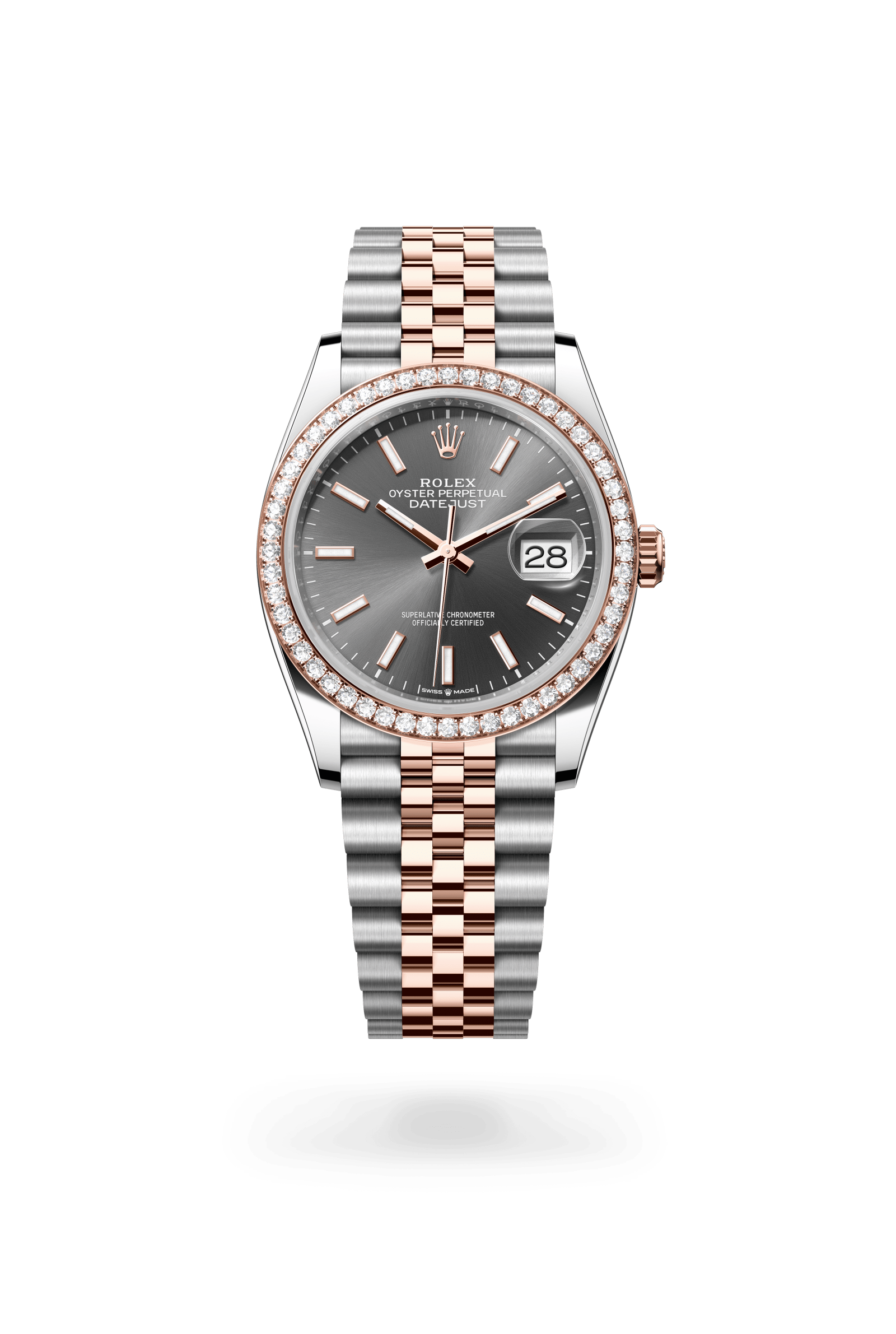 Datejust 36, Oyster, 36 mm, Oystersteel, Everose-goud en diamanten, Wijzerplaat : Leigrijs, Rolex