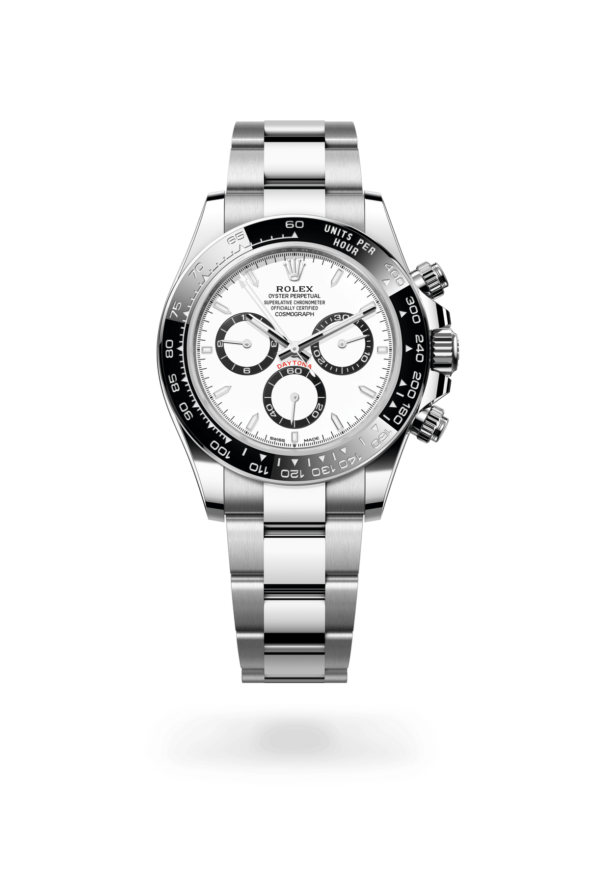 Cosmograph Daytona, Oyster, 40 mm, Oystersteel, Wijzerplaat : Wit, zwarte tellerringen, Rolex