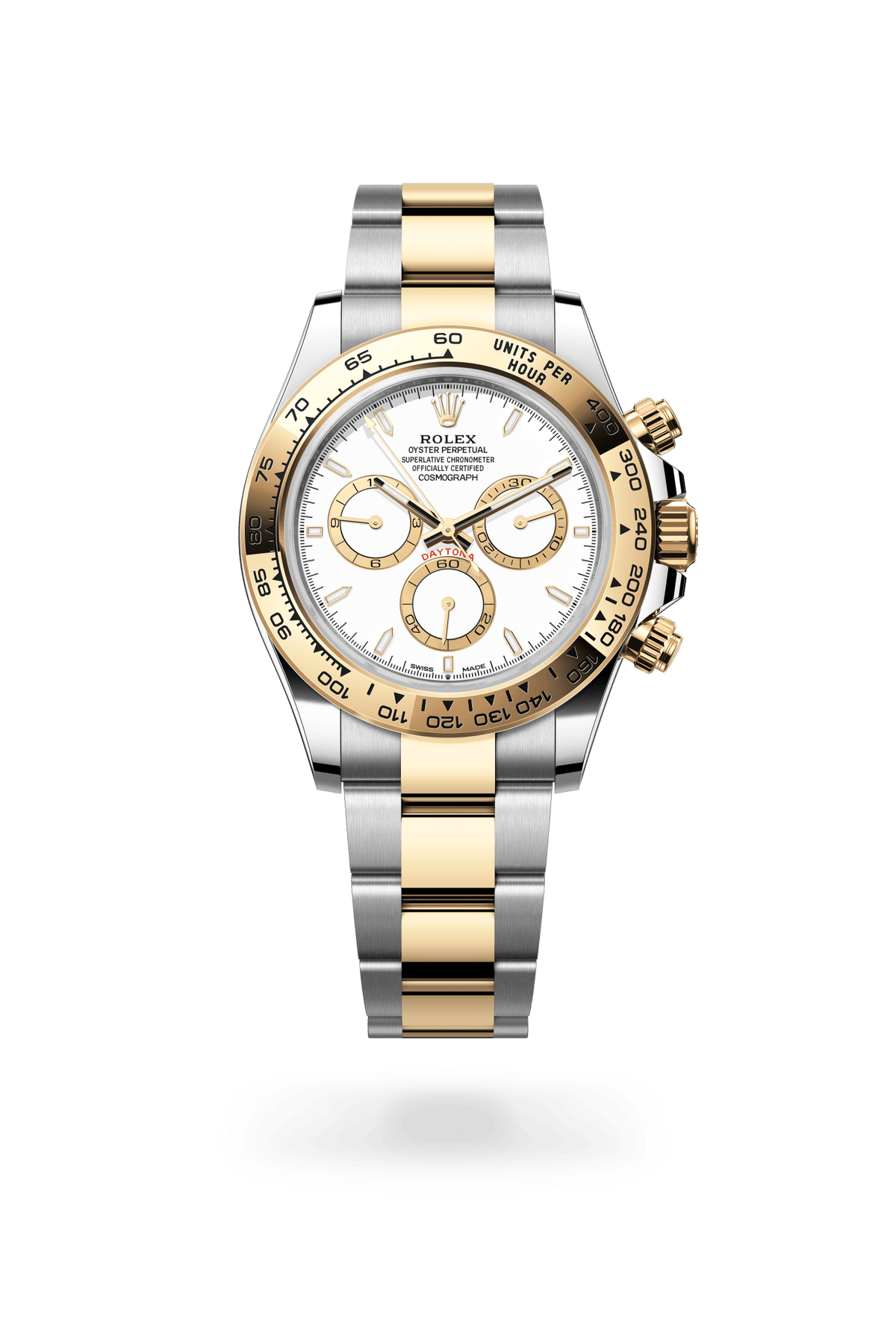 Cosmograph Daytona, Oyster, 40 mm, Oystersteel en geelgoud, Wijzerplaat : Wit, gouden tellerringen, Rolex