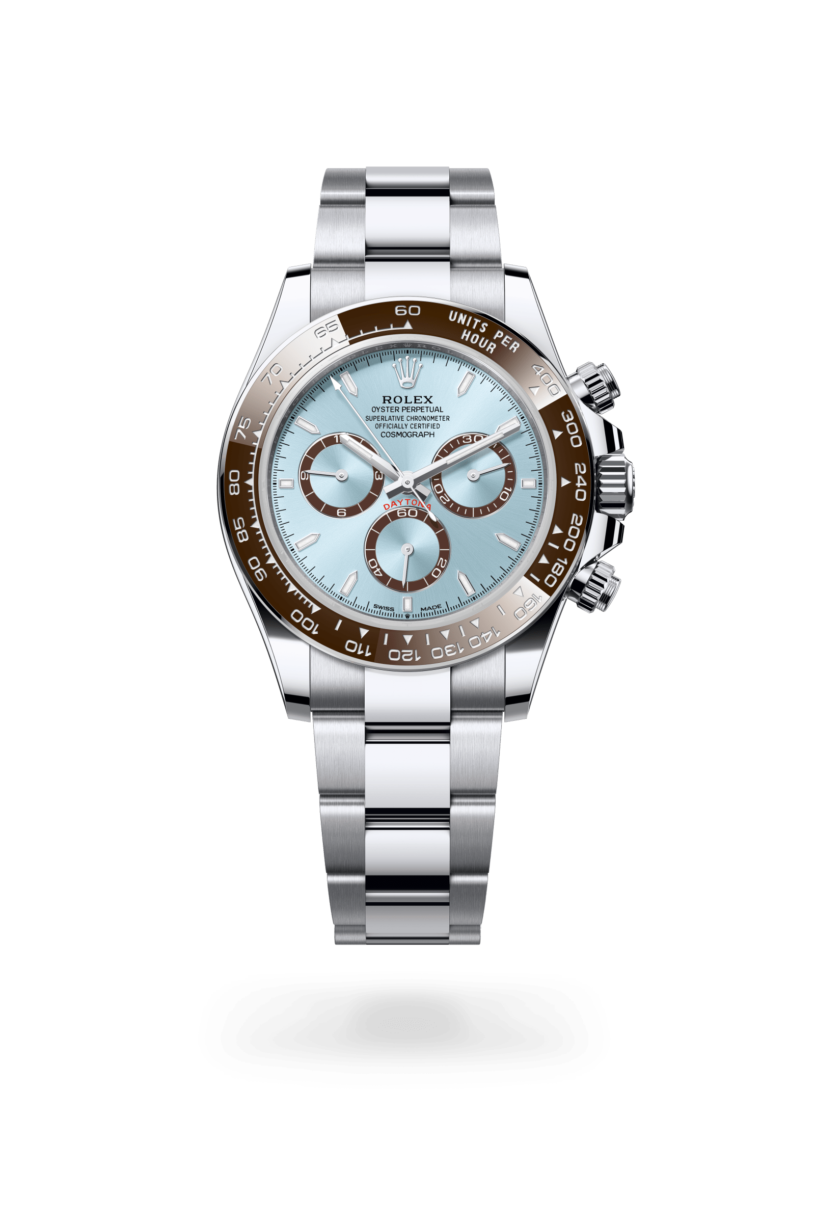 Cosmograph Daytona, Oyster, 40 mm, platina, Wijzerplaat : IJsblauw, kastanjebruine tellerringen, Rolex