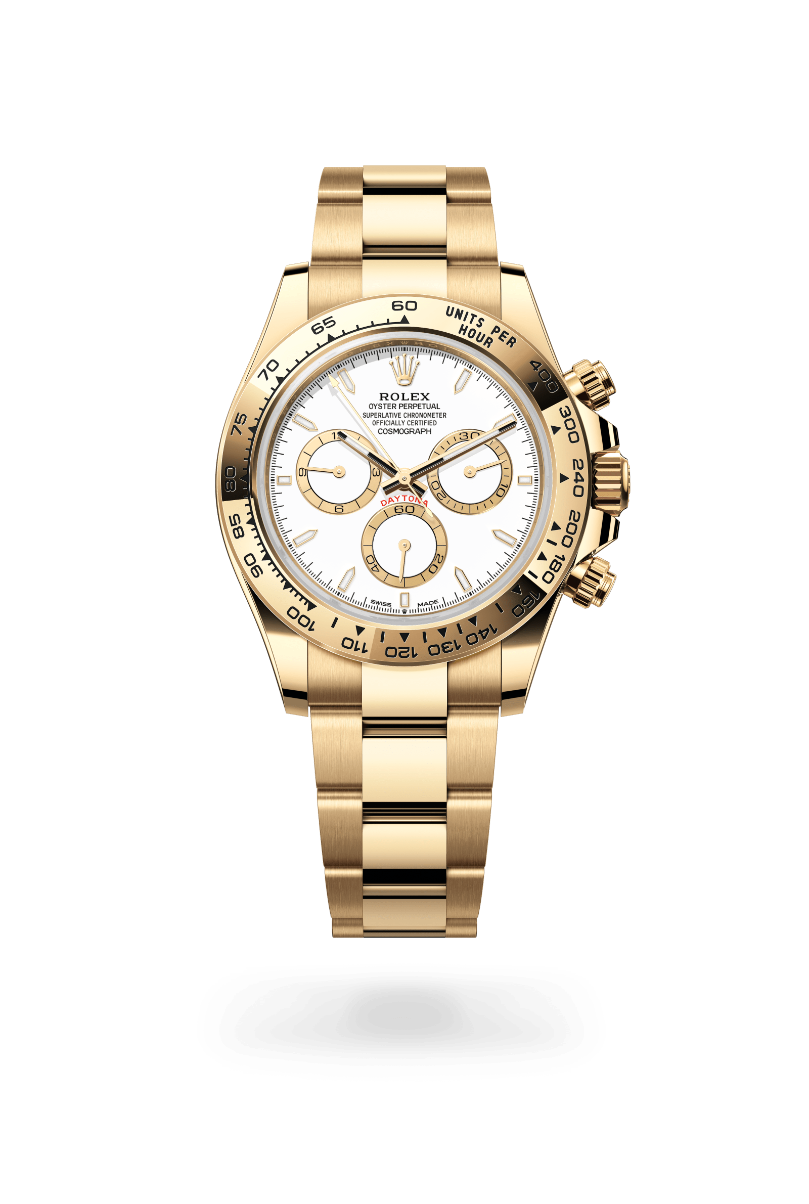 Cosmograph Daytona, Oyster, 40 mm, geelgoud, Wijzerplaat : Wit, gouden tellerringen, Rolex