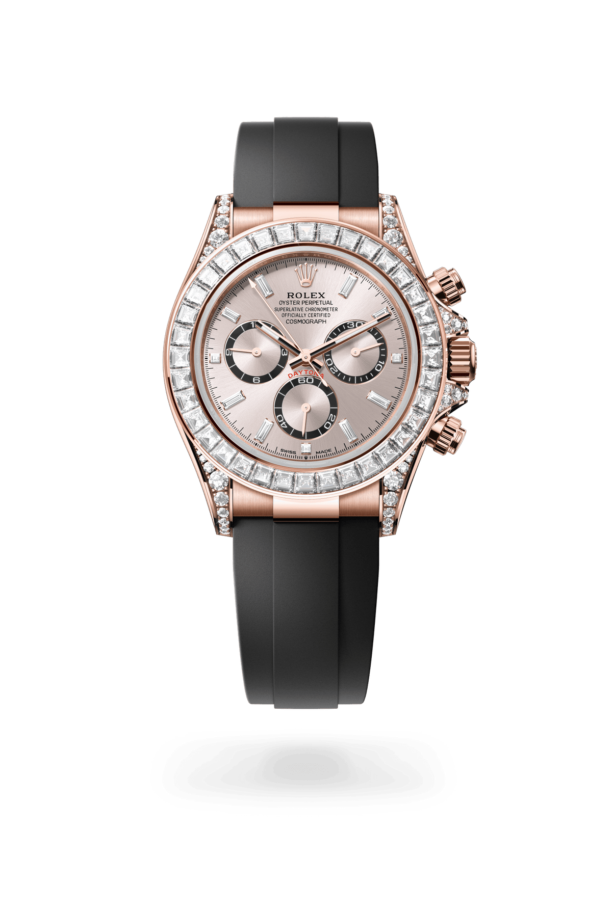 Cosmograph Daytona, Oyster, 40 mm, Everose-goud en diamanten, Wijzerplaat : Sundust, helderzwarte tellerringen, bezet met diamanten, Rolex