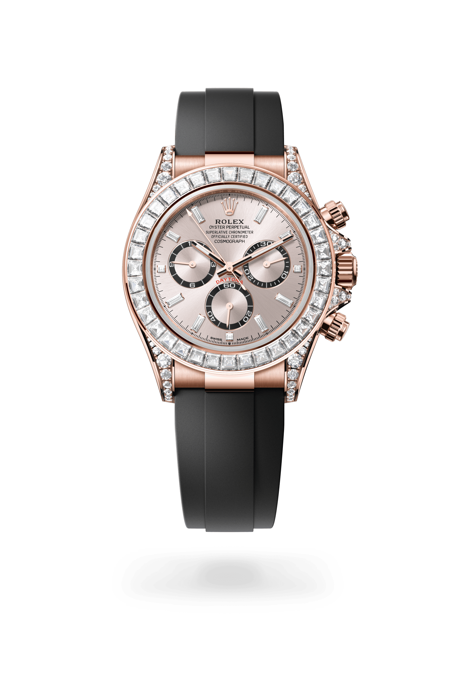 Cosmograph Daytona, Oyster, 40 mm, Everose-goud en diamanten, Wijzerplaat : Sundust, helderzwarte tellerringen, bezet met diamanten, Rolex