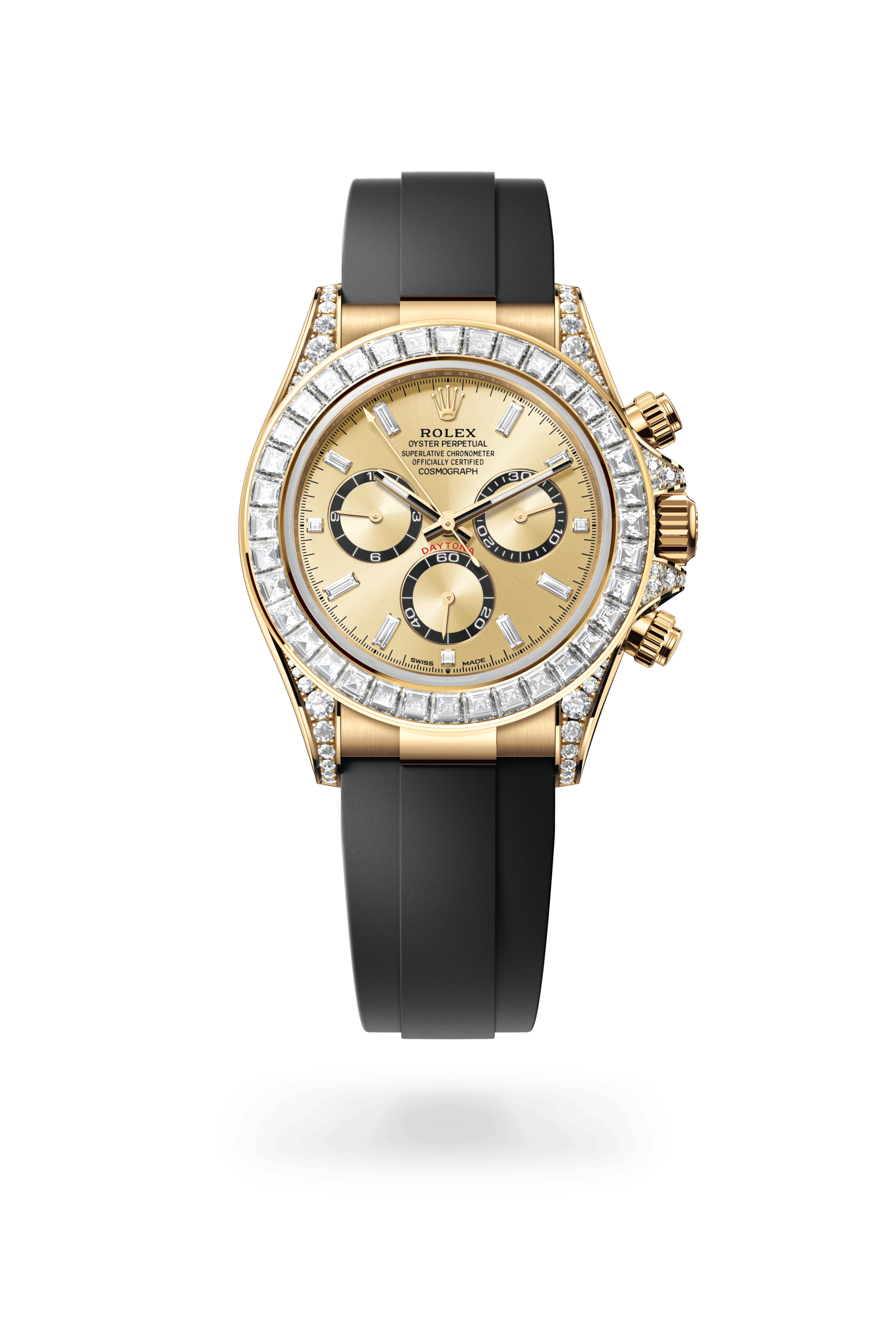 Cosmograph Daytona, Oyster, 40 mm, geelgoud en diamanten, Wijzerplaat : Goud, helderzwarte tellerringen, bezet met diamanten, Rolex