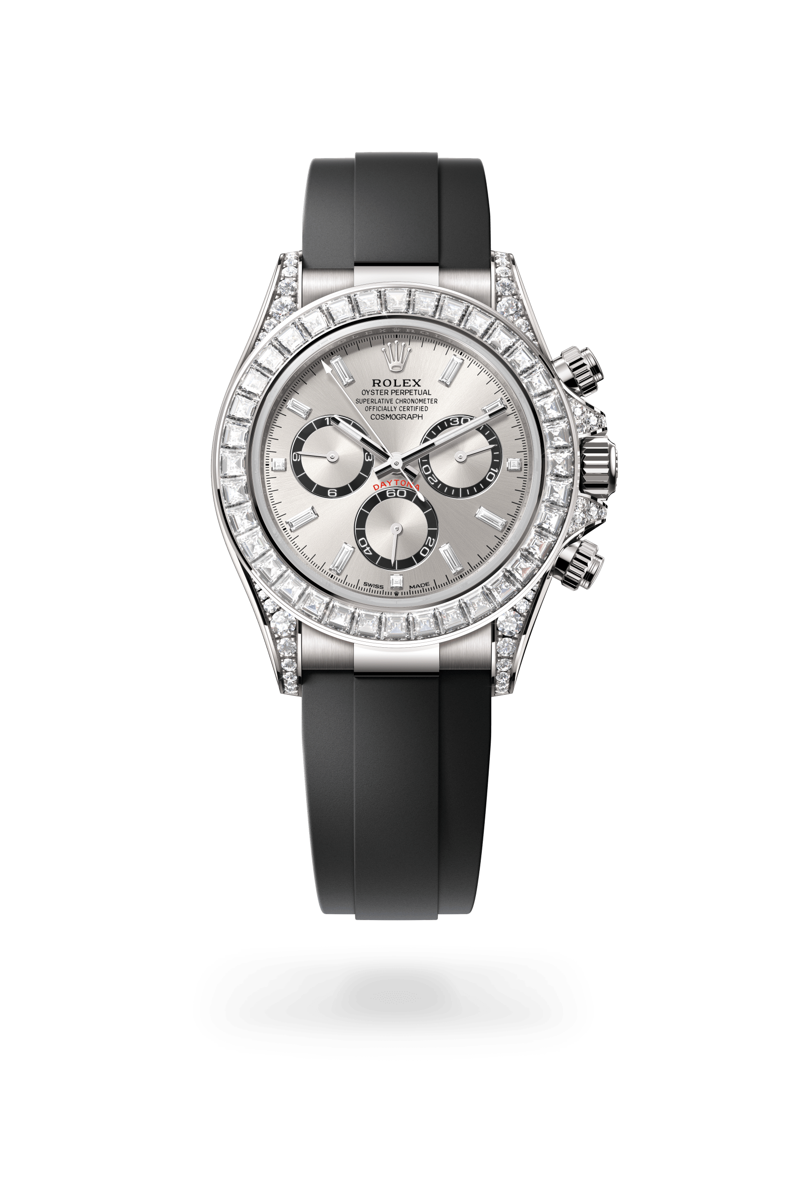 Cosmograph Daytona, Oyster, 40 mm, witgoud en diamanten, Wijzerplaat : Staal, helderzwarte tellerringen, bezet met diamanten, Rolex