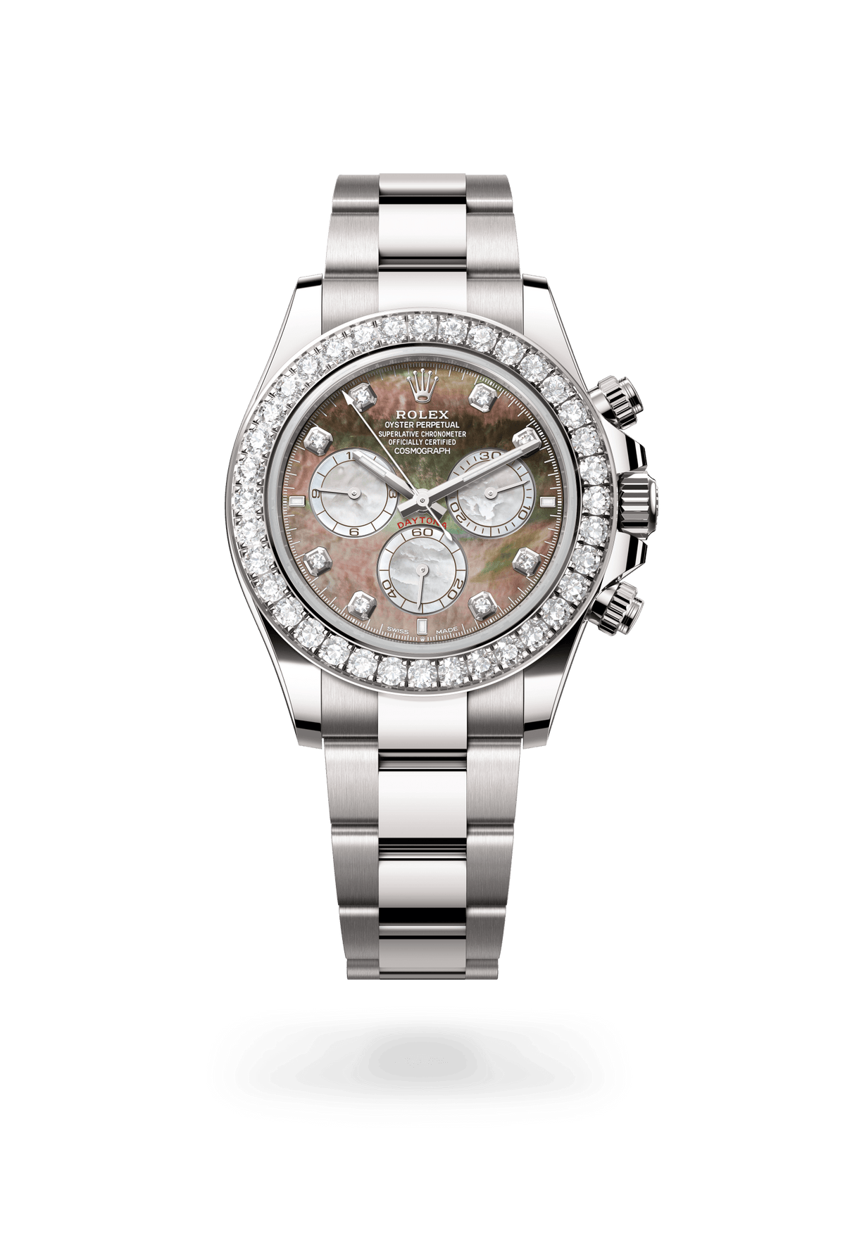 Cosmograph Daytona, Oyster, 40 mm, witgoud en diamanten, Wijzerplaat : Zwart en wit parelmoer bezet met diamanten, Rolex