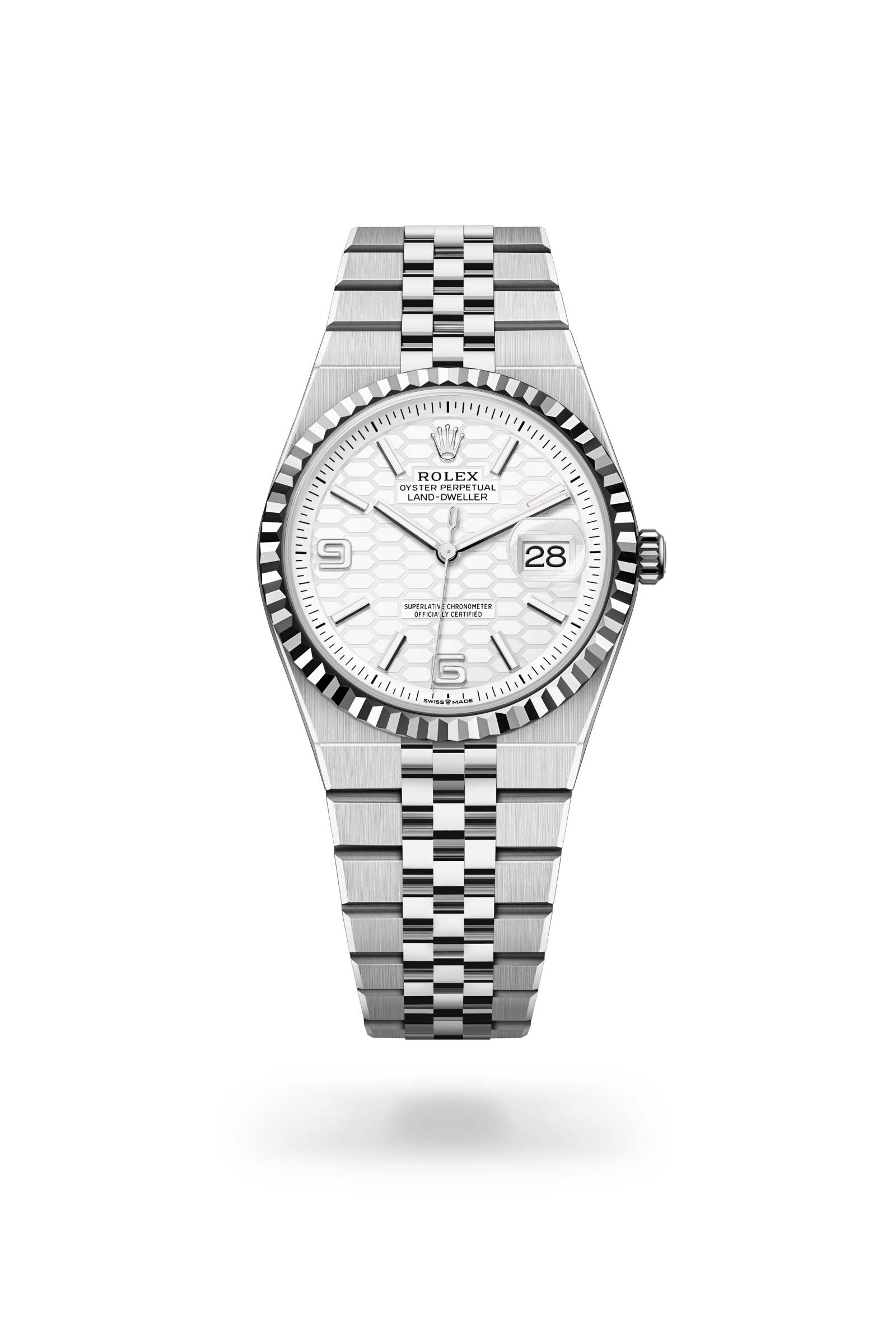 Land-Dweller 36, Oyster, 36 mm, Oystersteel en witgoud, Wijzerplaat : Hagelwit, honingraatmotief, Rolex