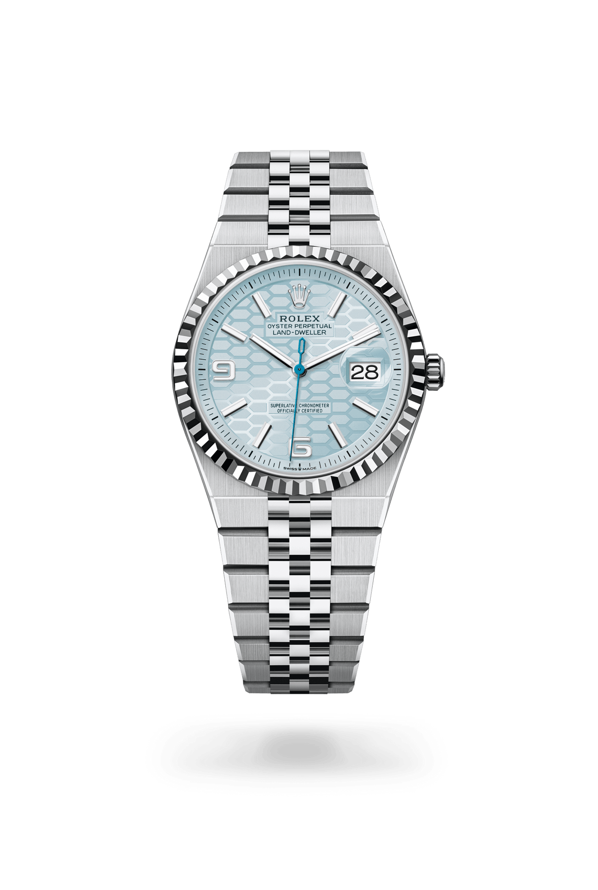 Land-Dweller 36, Oyster, 36 mm, platina, Wijzerplaat : IJsblauw, honingraatmotief, Rolex