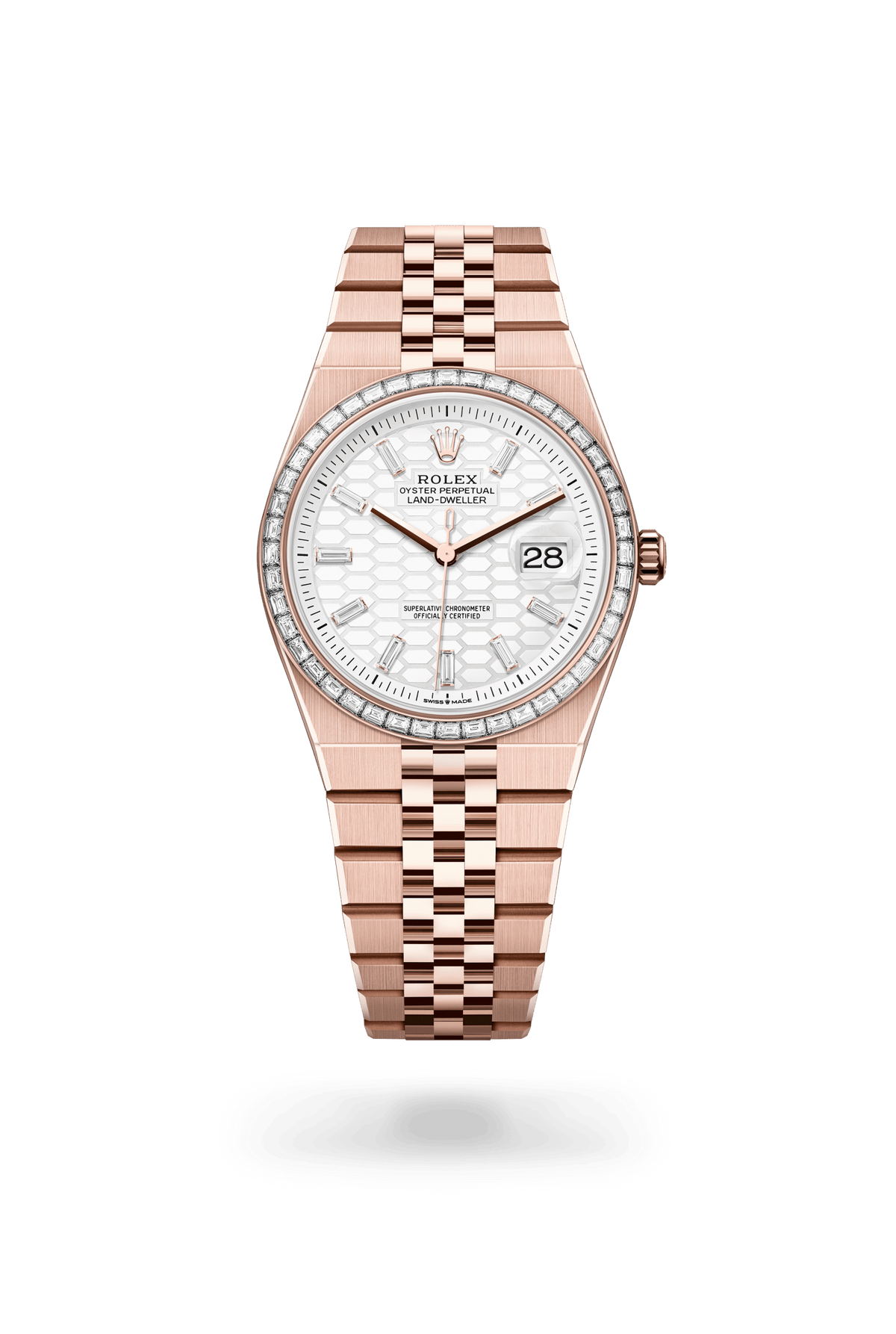 Land-Dweller 36, Oyster, 36 mm, Everose-goud en diamanten, Wijzerplaat : Hagelwit, honingraatmotief bezet met diamanten, Rolex
