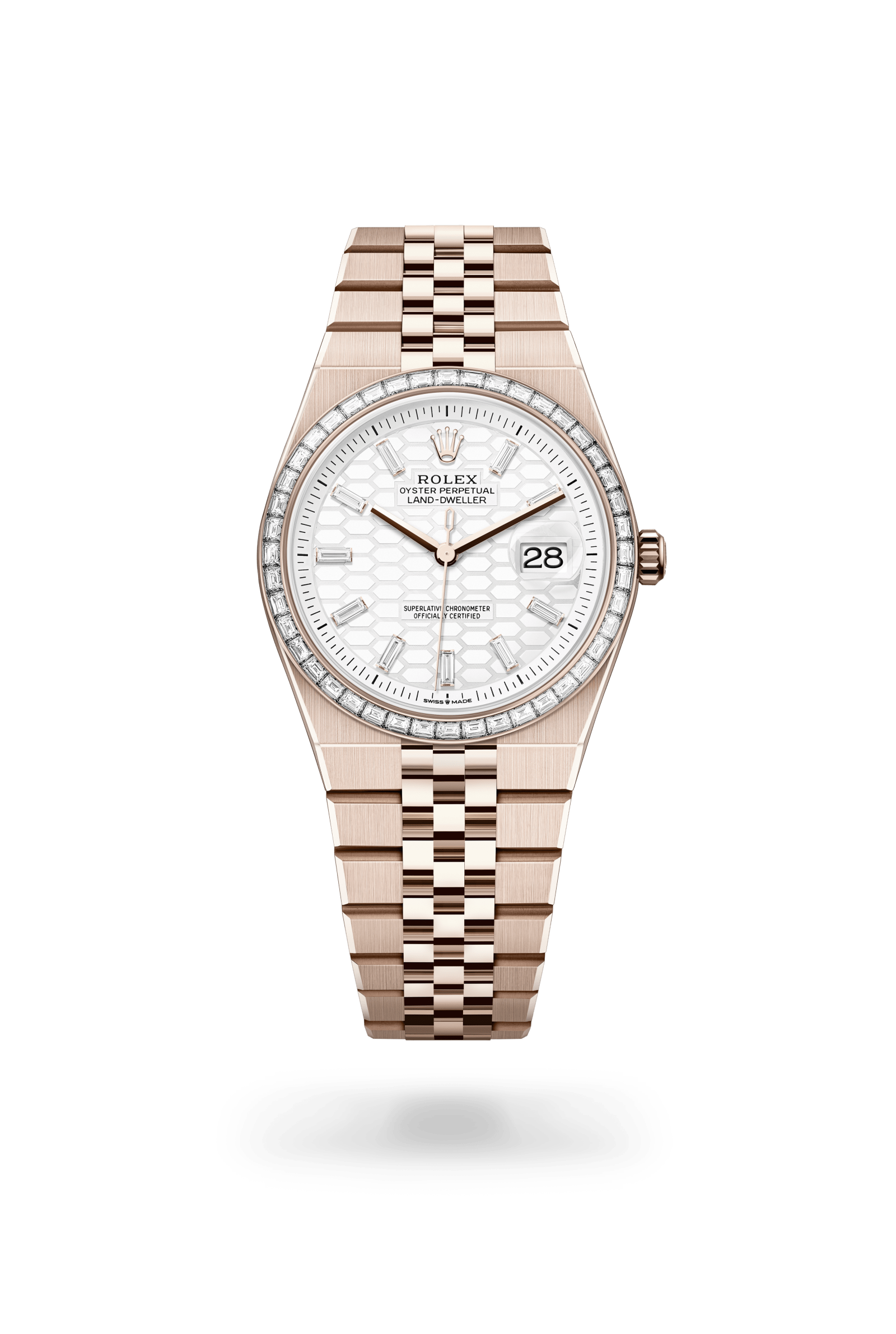 Land-Dweller 36, Oyster, 36 mm, Everose-goud en diamanten, Wijzerplaat : Hagelwit, honingraatmotief bezet met diamanten, Rolex
