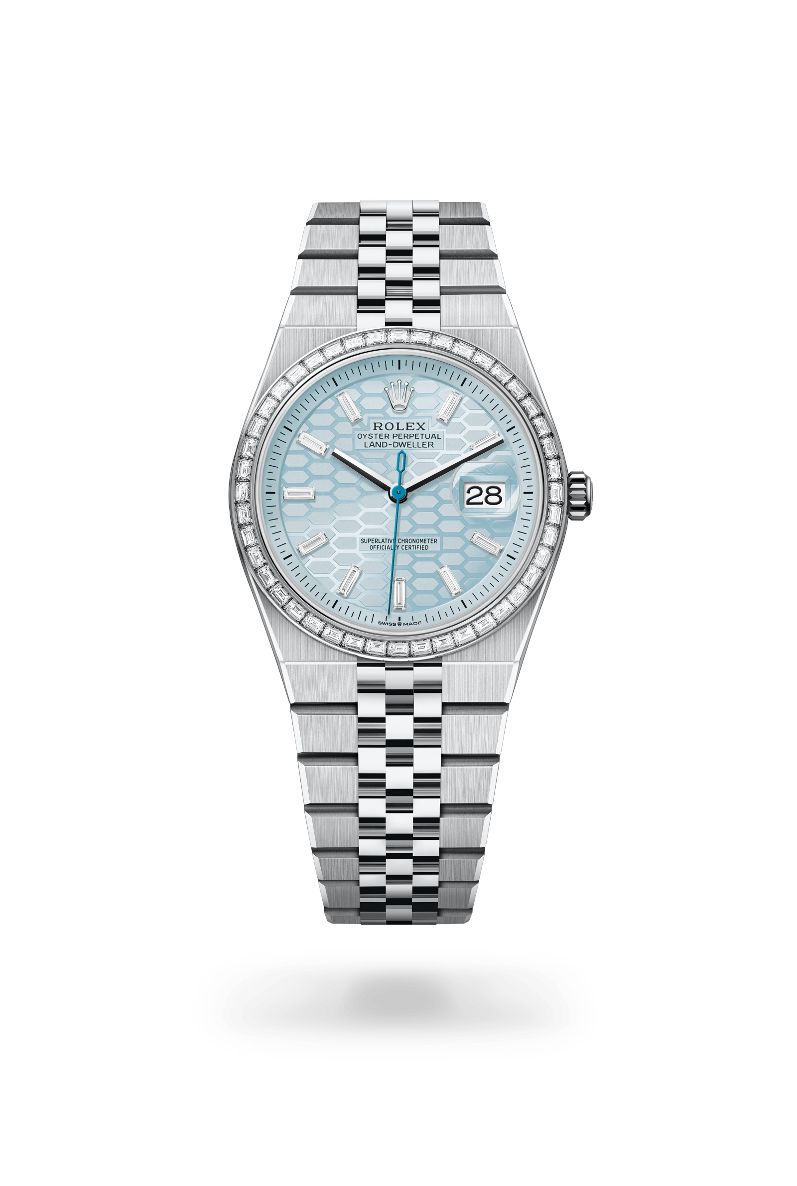 Land-Dweller 36, Oyster, 36 mm, platina en diamanten, Wijzerplaat : IJsblauw, honingraatmotief bezet met diamanten, Rolex