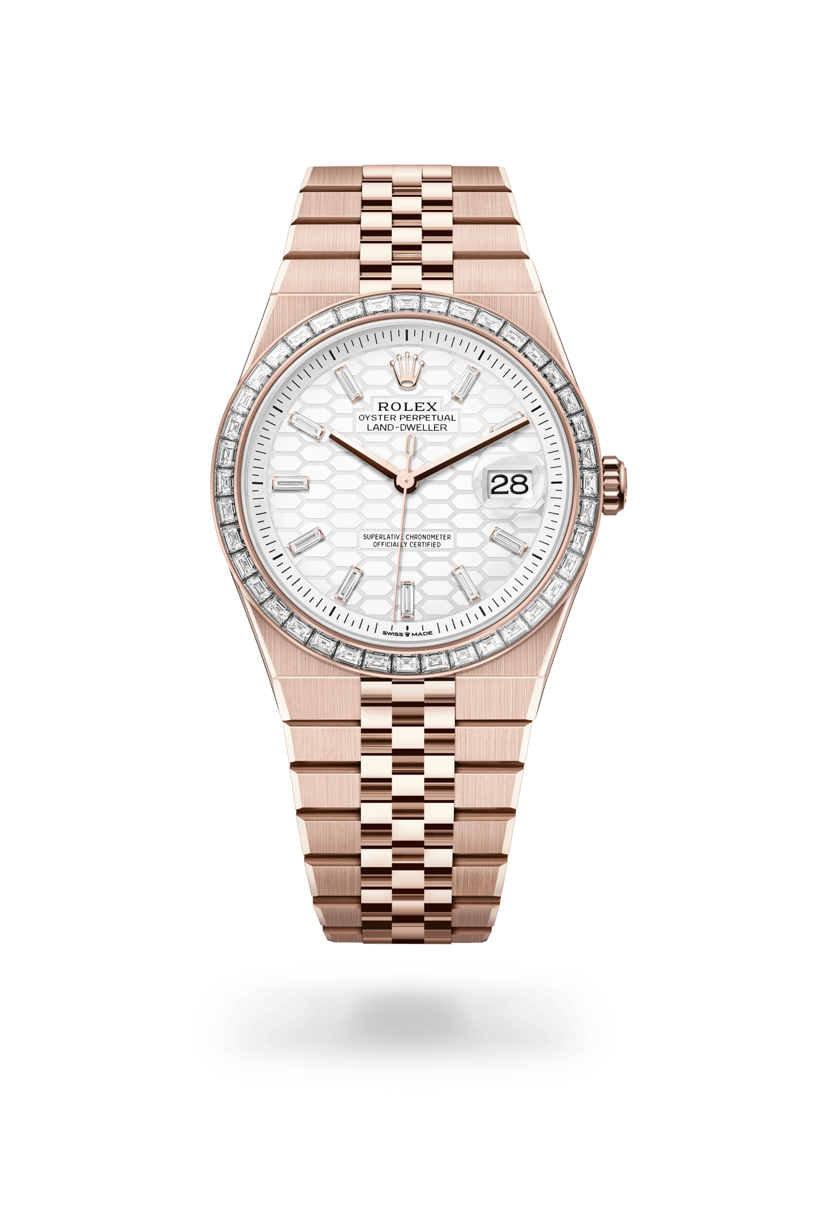 Land-Dweller 40, Oyster, 40 mm, Everose-goud en diamanten, Wijzerplaat : Hagelwit, honingraatmotief bezet met diamanten, Rolex