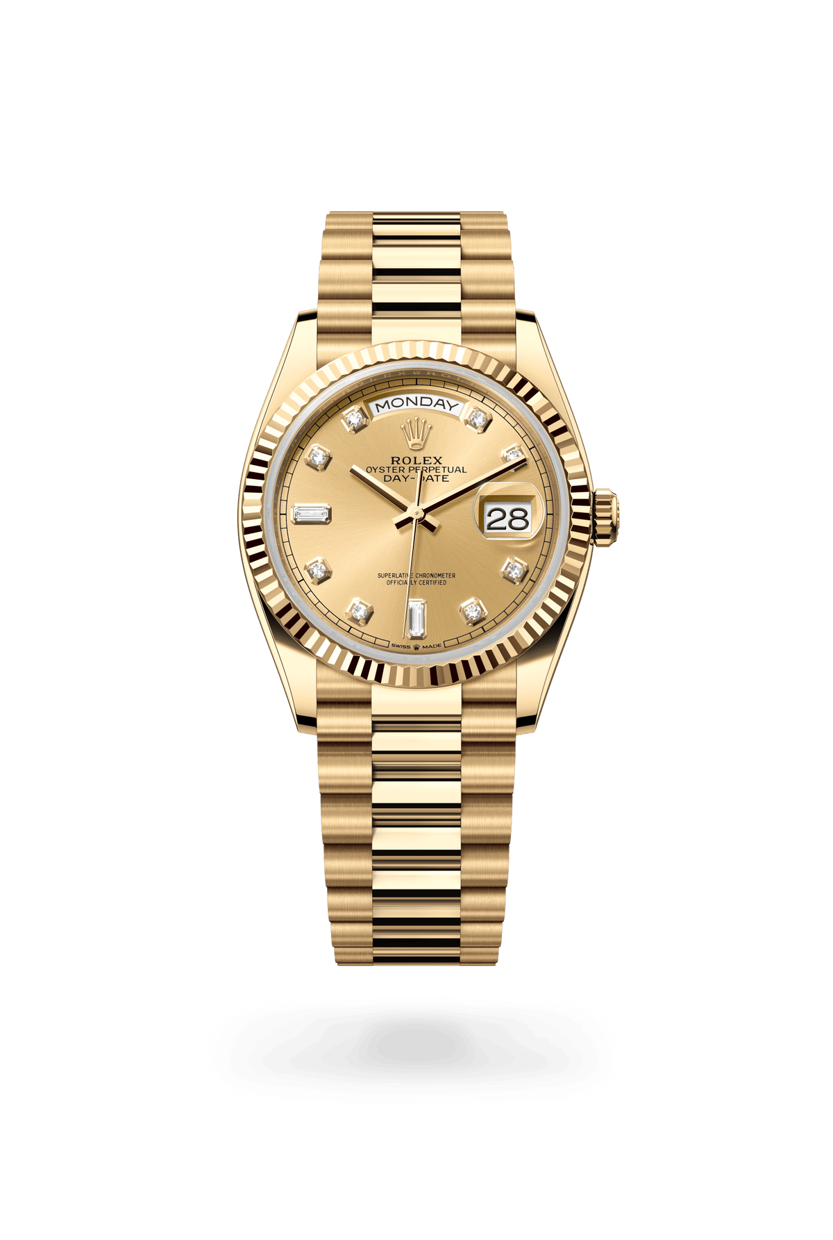 Day-Date 36, Oyster, 36 mm, geelgoud, Wijzerplaat : Champagnekleurig met diamanten, Rolex