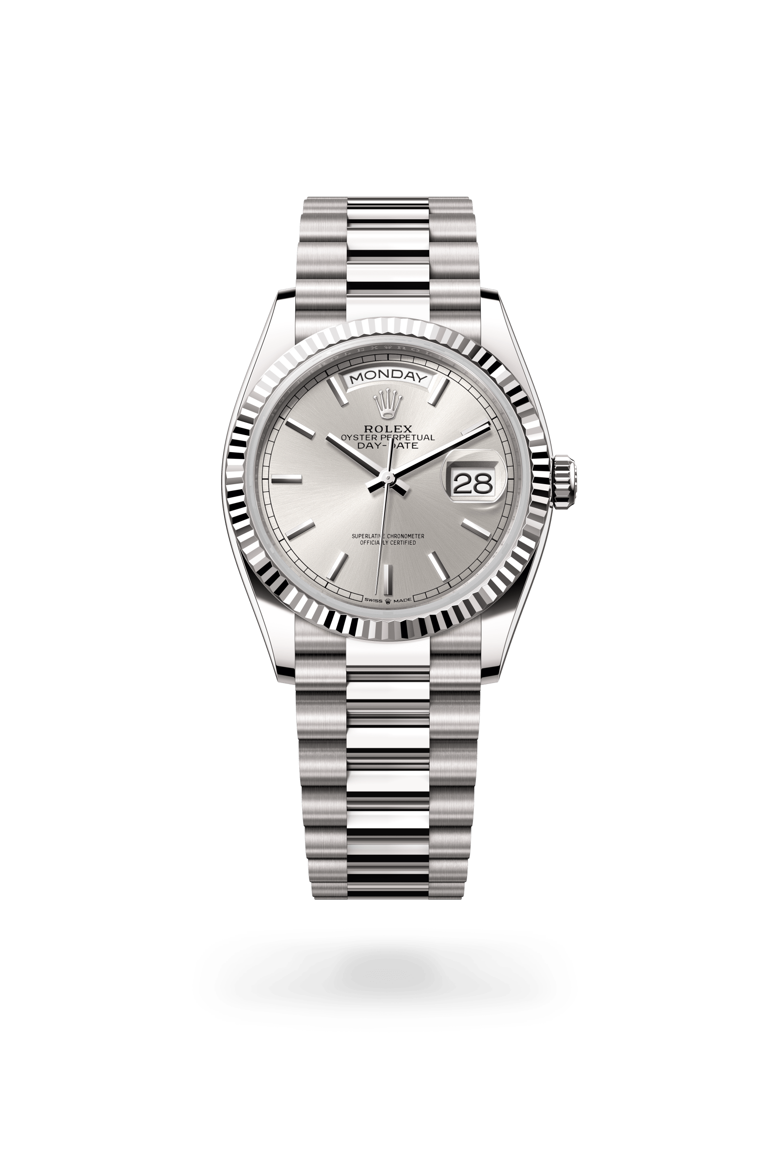 Day-Date 36, Oyster, 36 mm, witgoud, Wijzerplaat : Zilverkleurig, Rolex