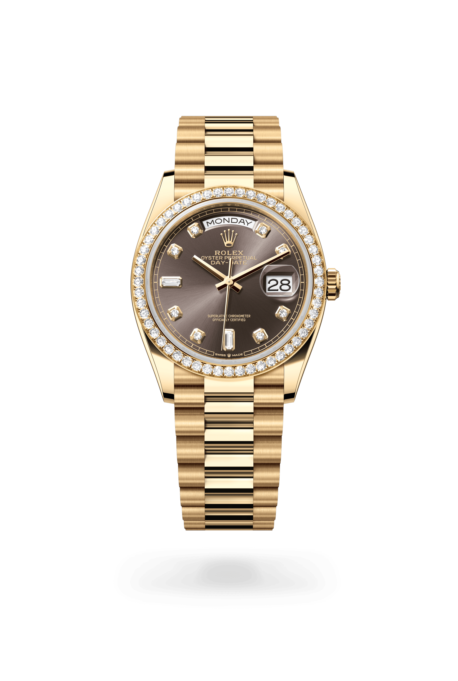 Day-Date 36, Oyster, 36 mm, geelgoud en diamanten, Wijzerplaat : Donkergrijs bezet met diamanten, Rolex
