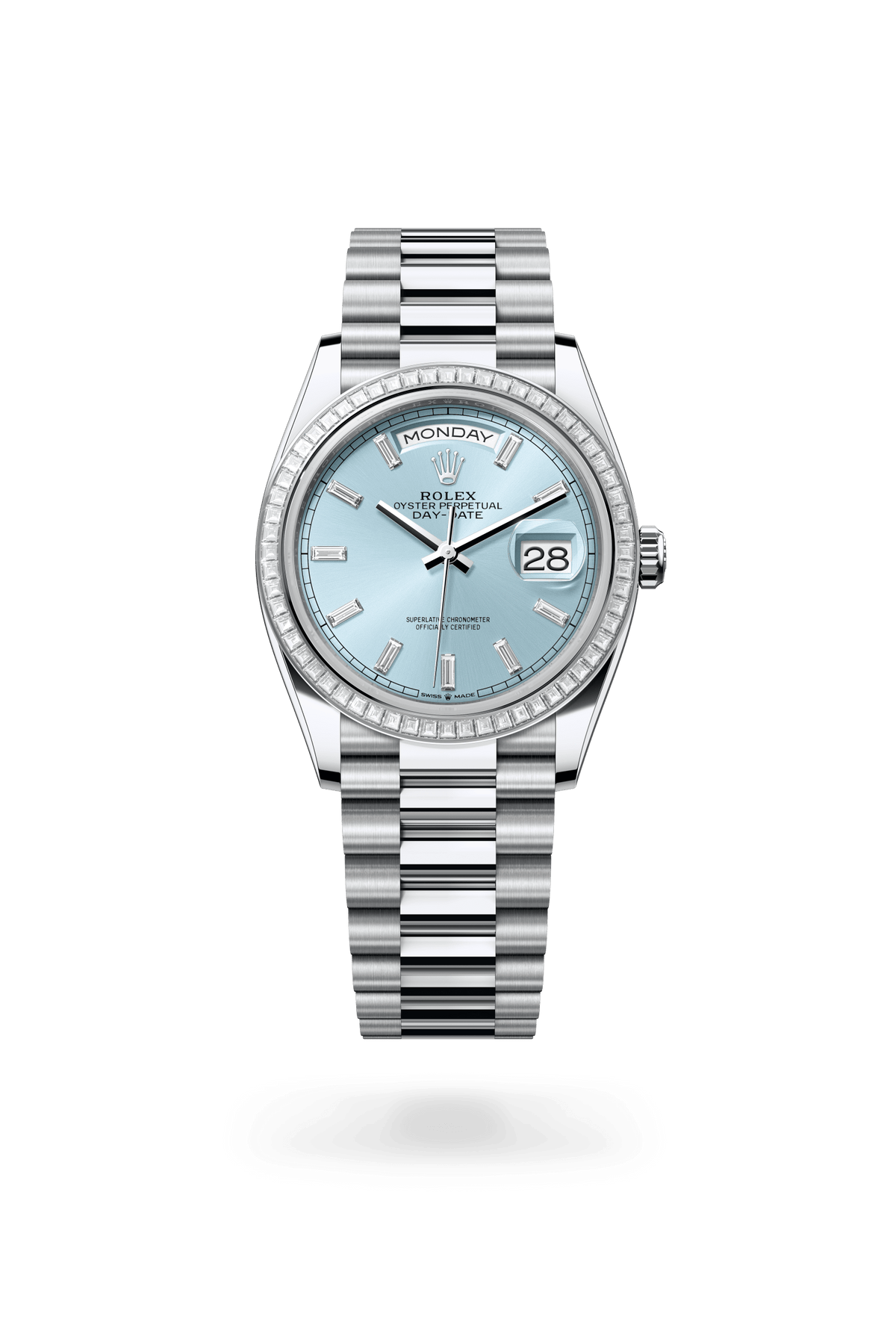 Day-Date 36, Oyster, 36 mm, platina en diamanten, Wijzerplaat : IJsblauw bezet met diamanten, Rolex
