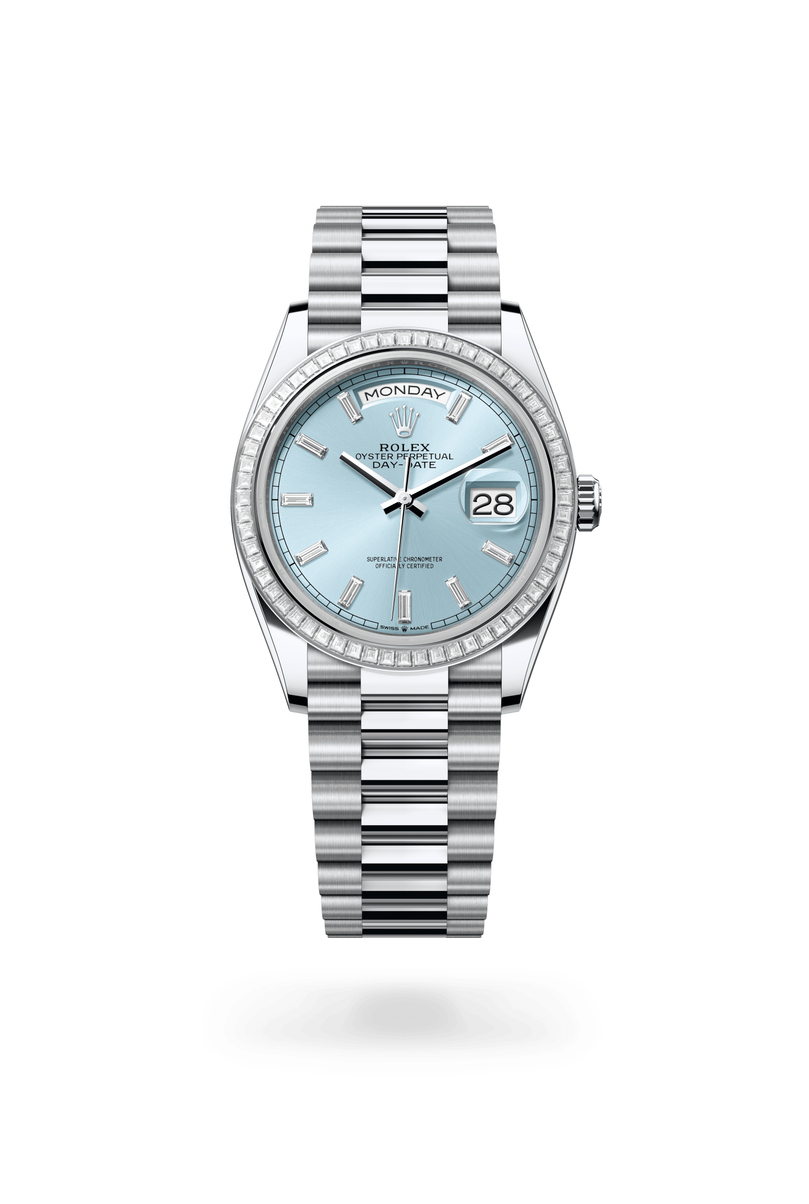 Day-Date 36, Oyster, 36 mm, platina en diamanten, Wijzerplaat : IJsblauw bezet met diamanten, Rolex